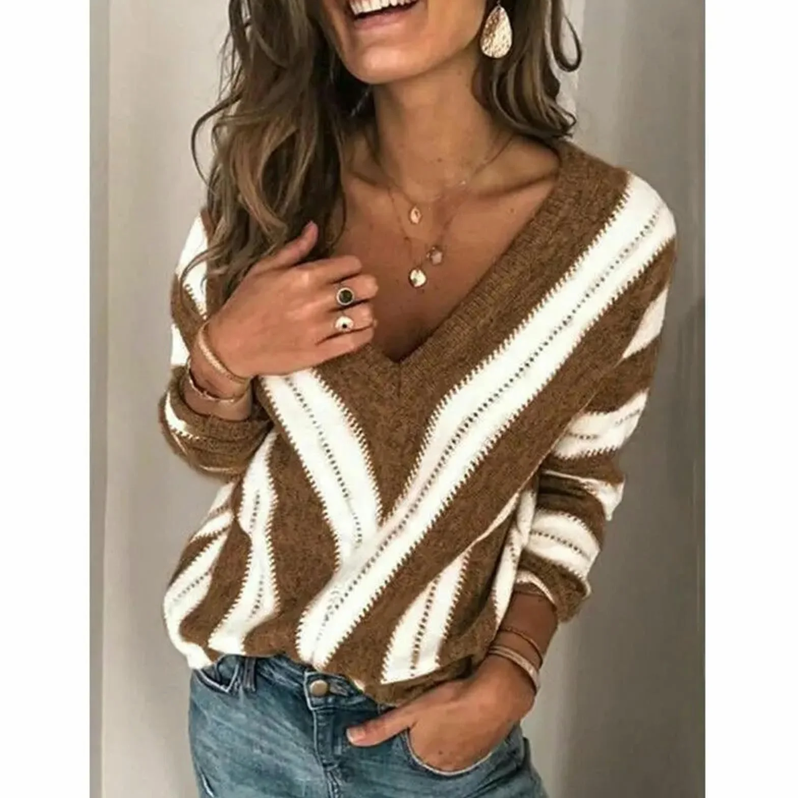 Sweter w paski patchworkowy sweter z dzianiny sweter z dekoltem w serek damski luźny codzienny ciepły sweter-fioletowy-S