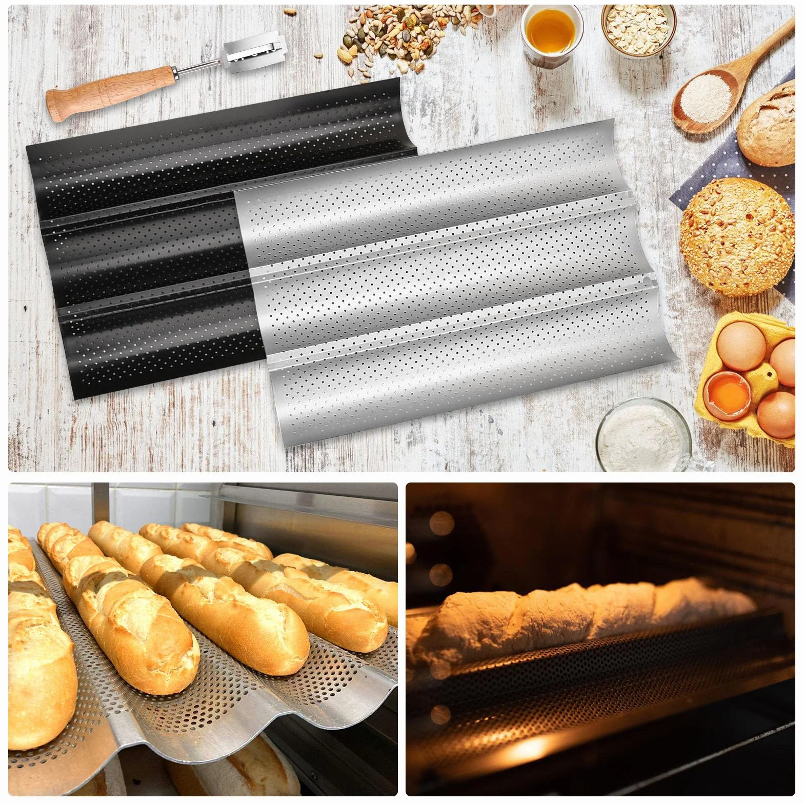 BORDEAG Forma do pieczenia bagietek, zestaw 2 sztuk, na 3 bagietki z nożem piekarskim, powłoka zapobiegająca przywieraniu, blacha do pieczenia bagietek, akcesoria do pieczenia chleba, 38 x 24 cm