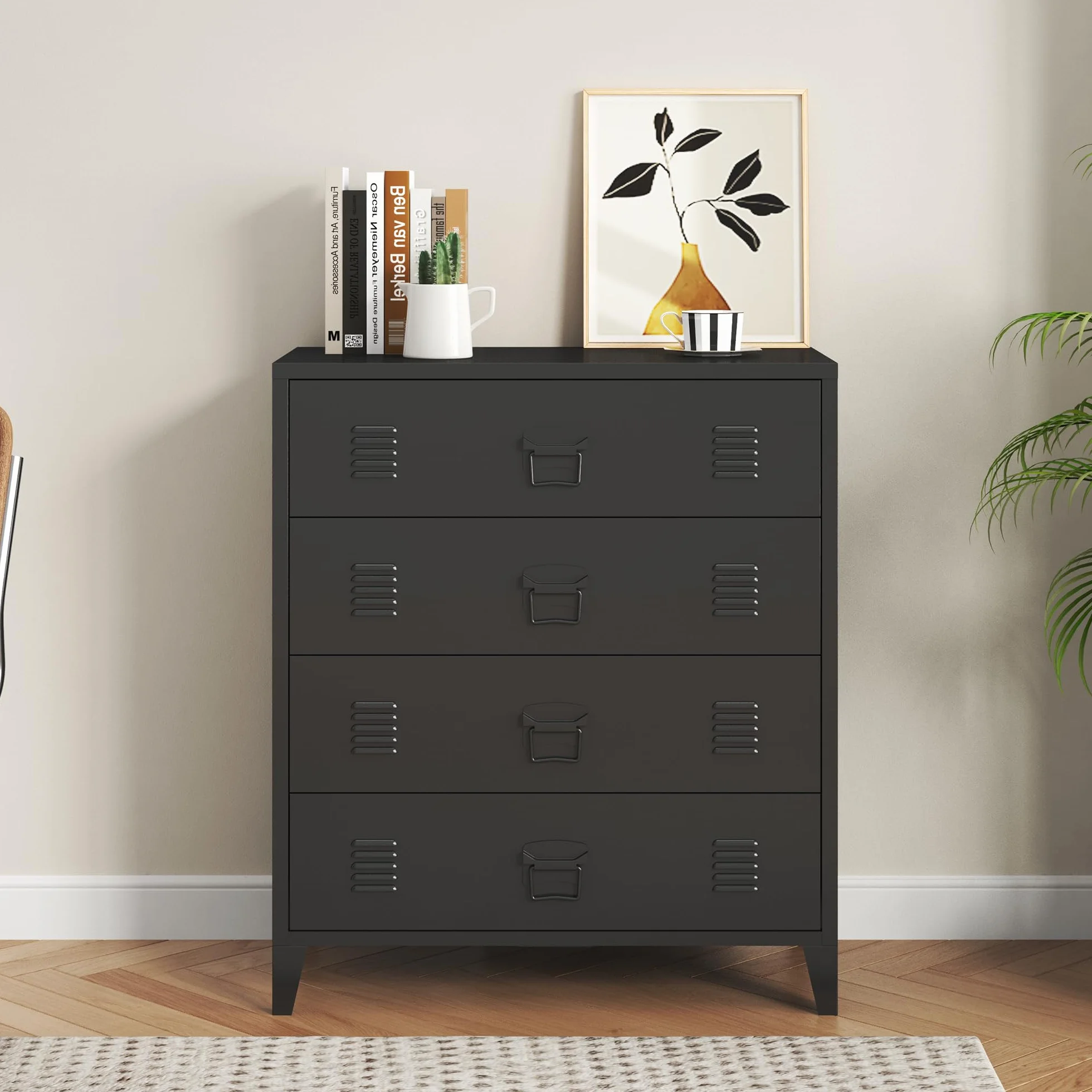 [en.casa] Komoda Hämeenlinna metalowa szafka z 4 szufladami, uniwersalna szafka, stalowa, do salonu, biura, przemysłowa szafka na akta, 80 x 40 x 92 cm, czarna