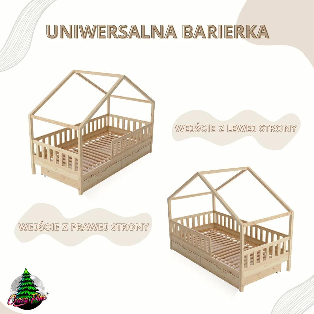 Łóżko domek z szufladami Crazy House 200 x 120 cm – Łóżko dziecięce z naturalnego drewna z odkręcaną barierką – Łóżko Montessori