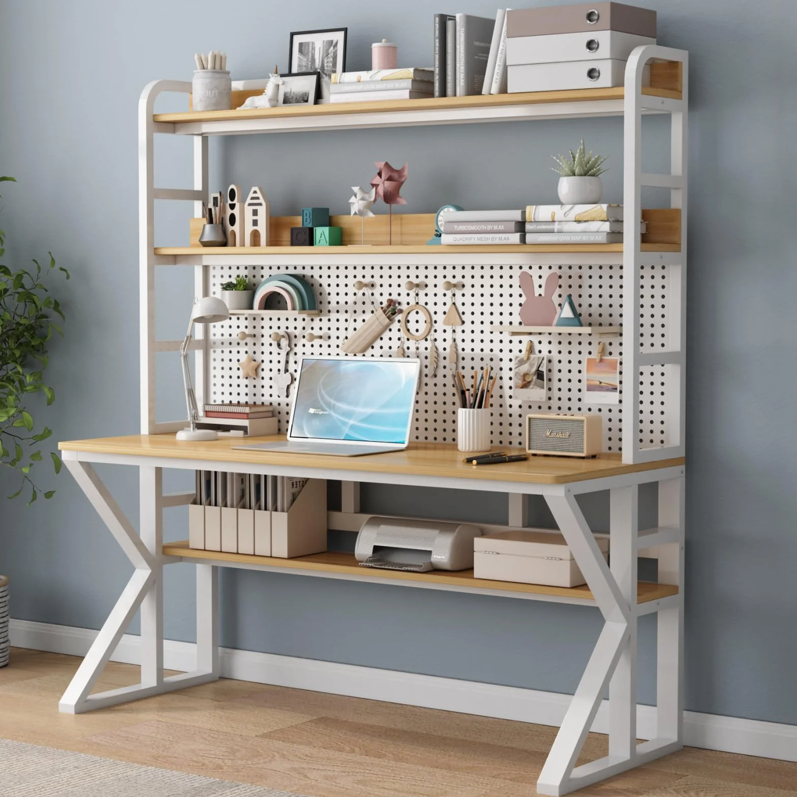 Solid Wood Computer Desk with Storage Shelves & Pegboard Large Study Writing Table Brown & White 39" W x 69" H x 23.6" D
