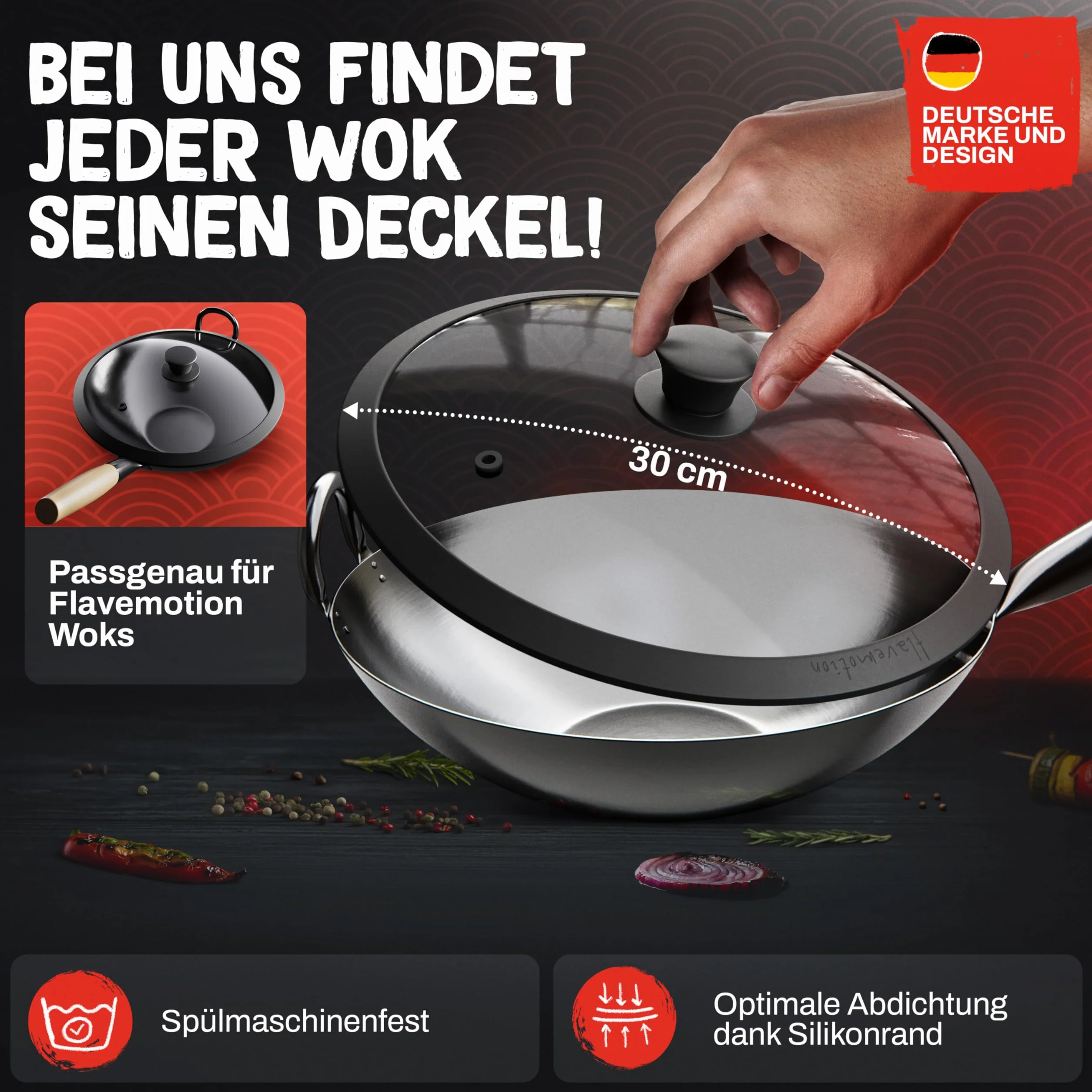 Flavemotion Pokrywa wok 30 cm szkło silikonowa krawędź wylot pary