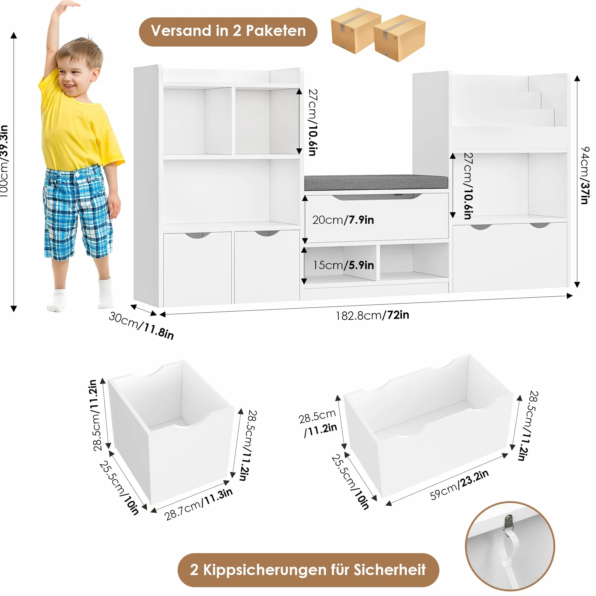 FOREHILL Regał do przechowywania zabawek 183,5 cm 3 szuflady na kółkach 7 otwartych półek