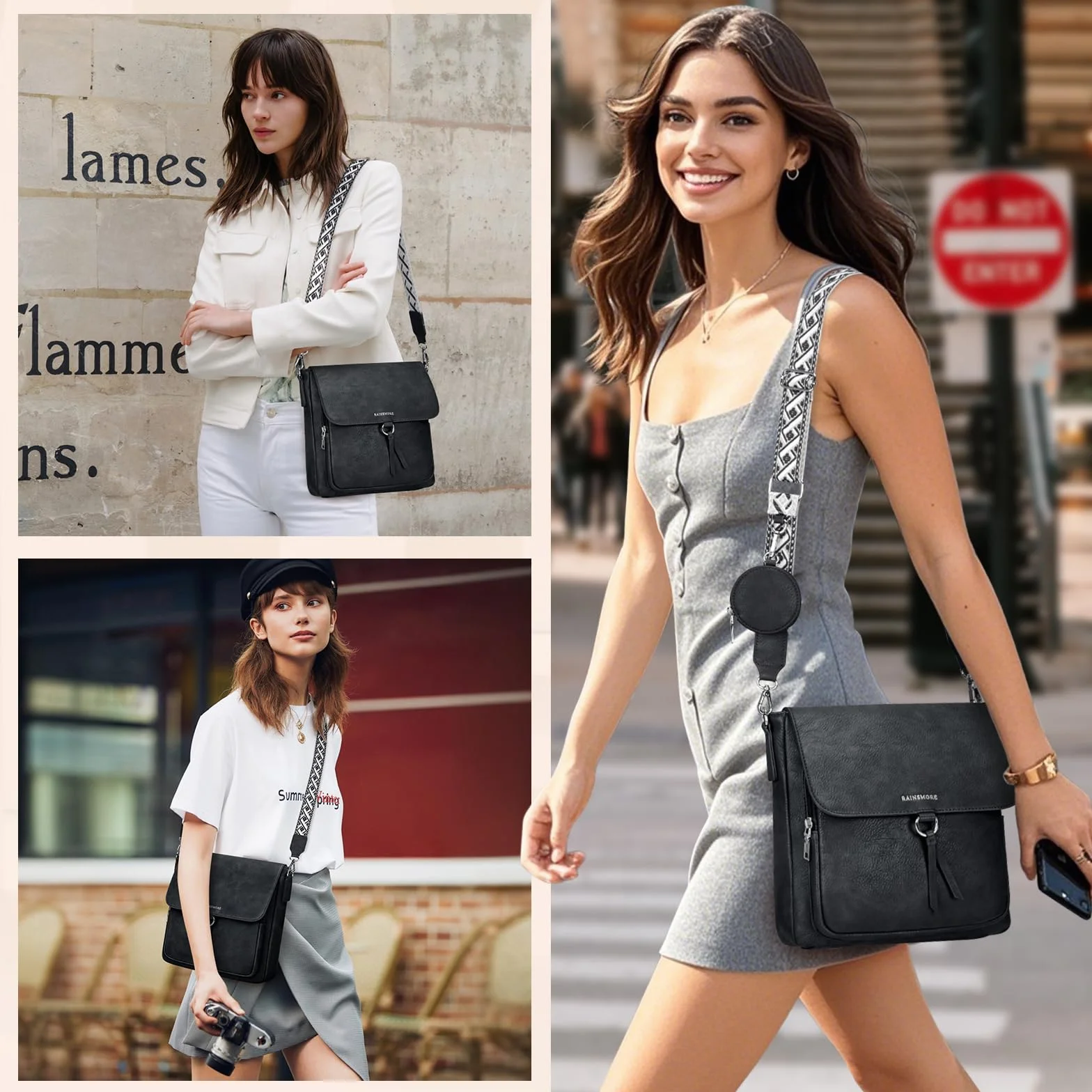 RAINSMORE Torba na ramię damska skóra PU damskie torby na ramię średnia torba crossbody damskie torebki i torby na ramię z regulowanym szerokim paskiem