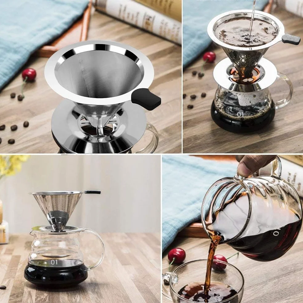 Vicloon Filtr do kawy ze stali nierdzewnej wielokrotnego użytku Dripper z uchwytem na kubek, do 4 filiżanek