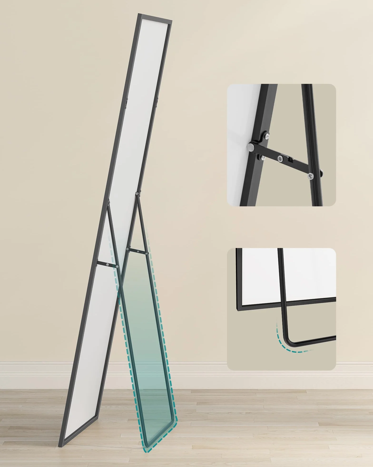 SONGMICS Lustro pełnowymiarowe, prostokątne lustro podłogowe z podstawką, rama ze stopu aluminium, szkło hartowane, do sypialni, salonu, szatni, narożnik kwadratowy, 160 x 50 cm, czarny matowy