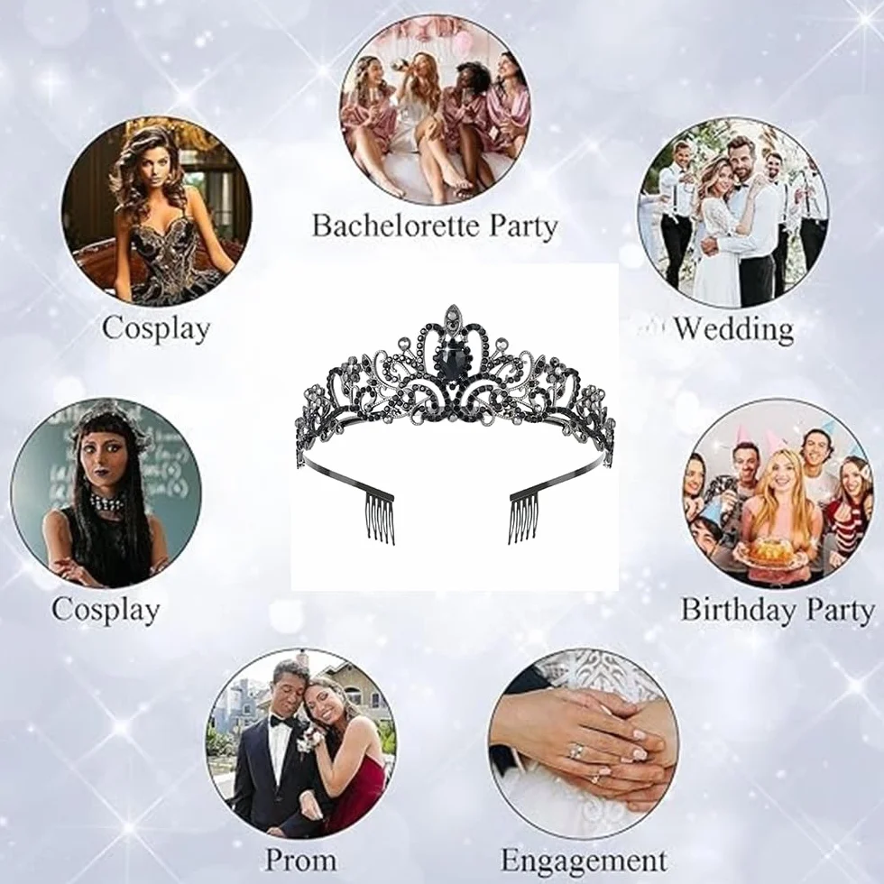 Tiara kryształowa korona z grzebieniem ze strasu, diadem, tiara, wesele, dla panny młodej, na urodziny, wesele, bal absolwentów, imprezy księżniczki (czarna), Routine, Kamień szlachetny, Kryształ
