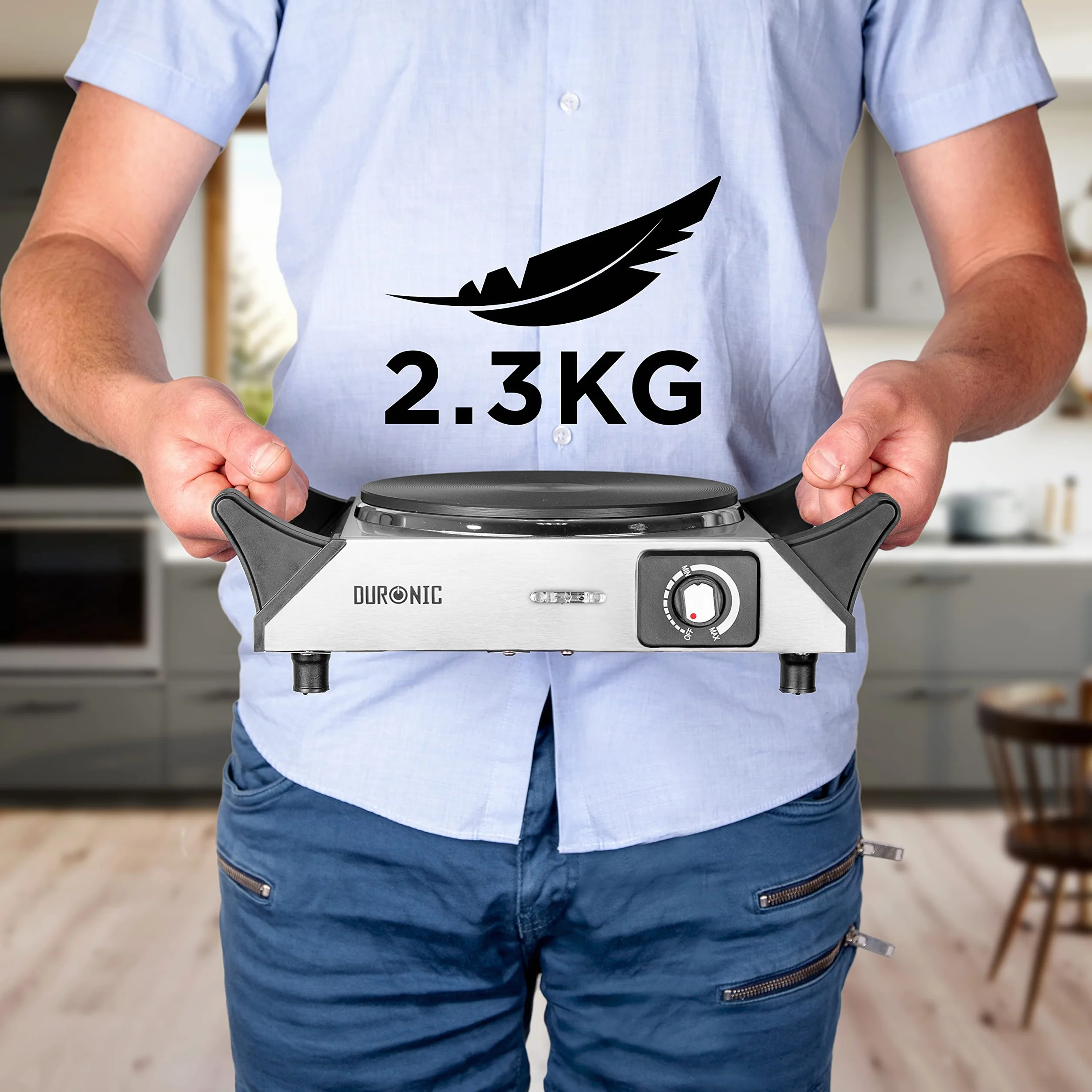 Duronic HP1 SS płyta kuchenna, elektryczna pojedyncza płyta grzewcza, płyta kuchenna ze stali nierdzewnej, bezstopniowa regulacja temperatury, uchwyty do noszenia, 1500 W, kemping