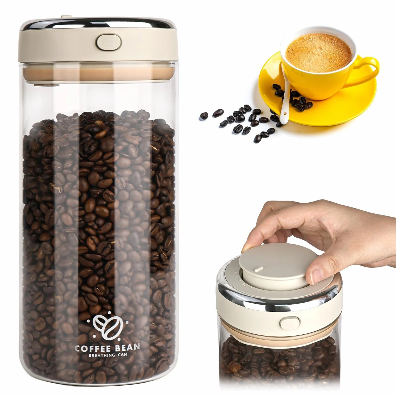 Puszka na kawę 500 g, hermetyczna, pojemnik na ziarna kawy, 1700 ml, do przechowywania ziaren kawy, z wysokiej jakości szkła, na ziarna kawy, orzechy, kakao, liście herbaty
