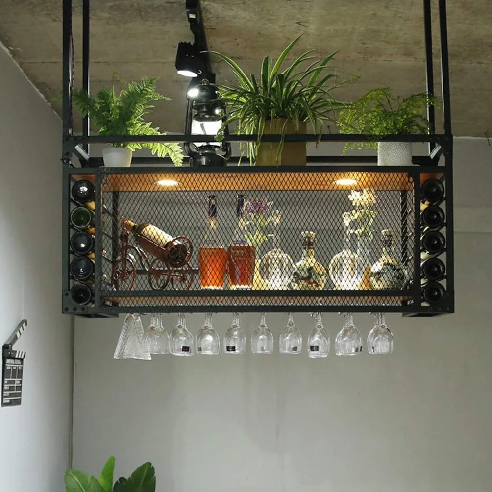 Stojak na wino sufitowy metalowo-drewniany z uchwytami na kieliszki