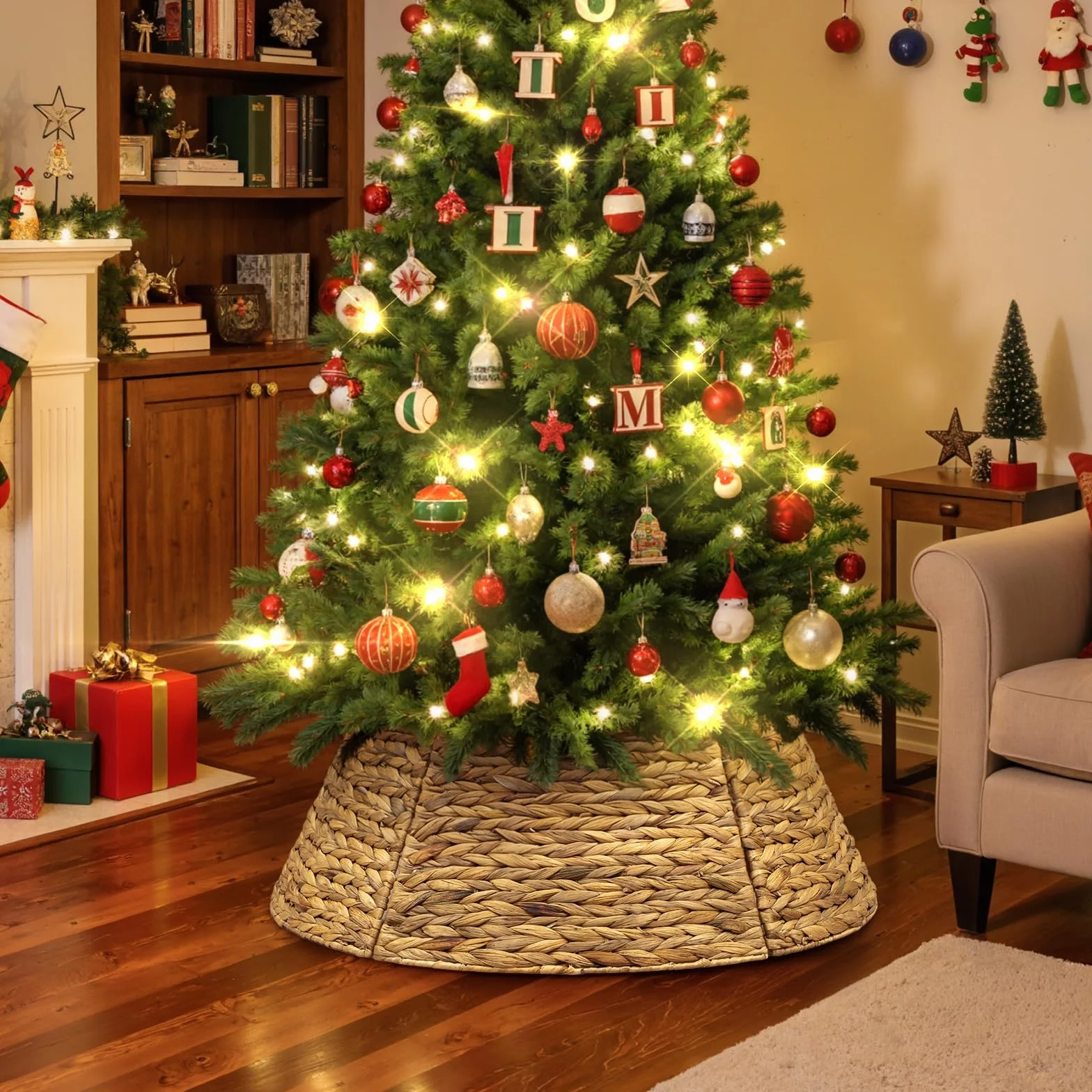 Lanpn Naturalny kołnierz na choinkę z rattanu 71 cm, dekoracyjna pleciona mata pod choinkę, podstawa, podstawka, osłona w stylu rustykalnym dla małych, mini, cienkich, sztucznych choinek, dekoracja