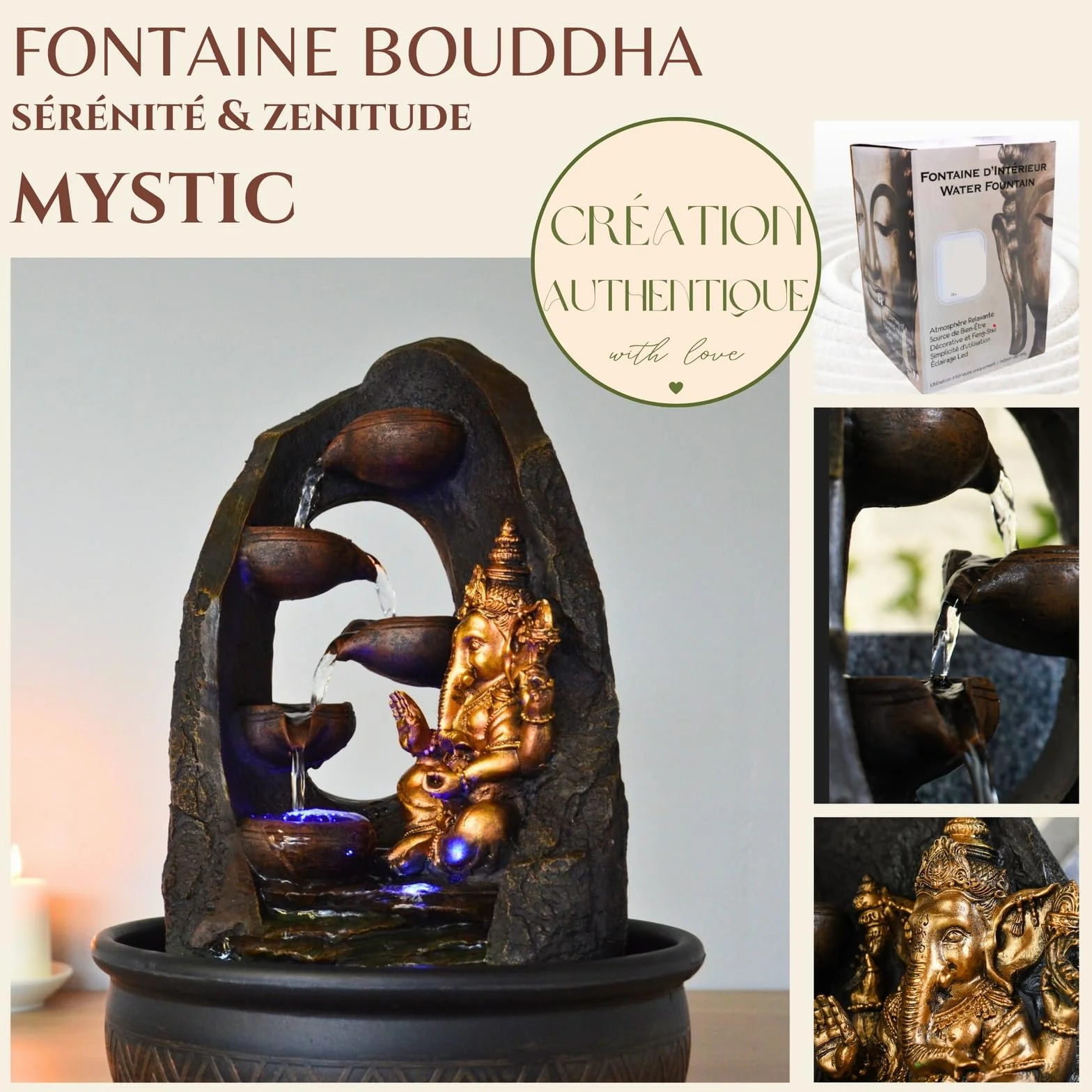 Budda Ganesh fontanna wewnętrzna z kolorowym światłem LED - dekoracja Feng Shui Zen - wspornik łóżka - wys. 40 cm - Mystic Zen'light