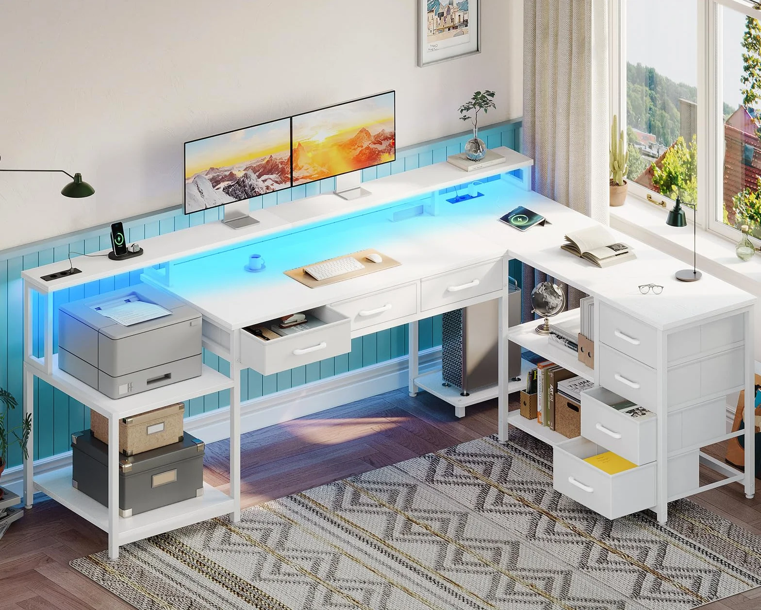 Coleshome Biurko Gamingowe ze Światłem RGB, 179.5×135.5cm Narożne z 7 Szufladami, Reversyjne w Kształcie L z 2 Gniazdami, biały