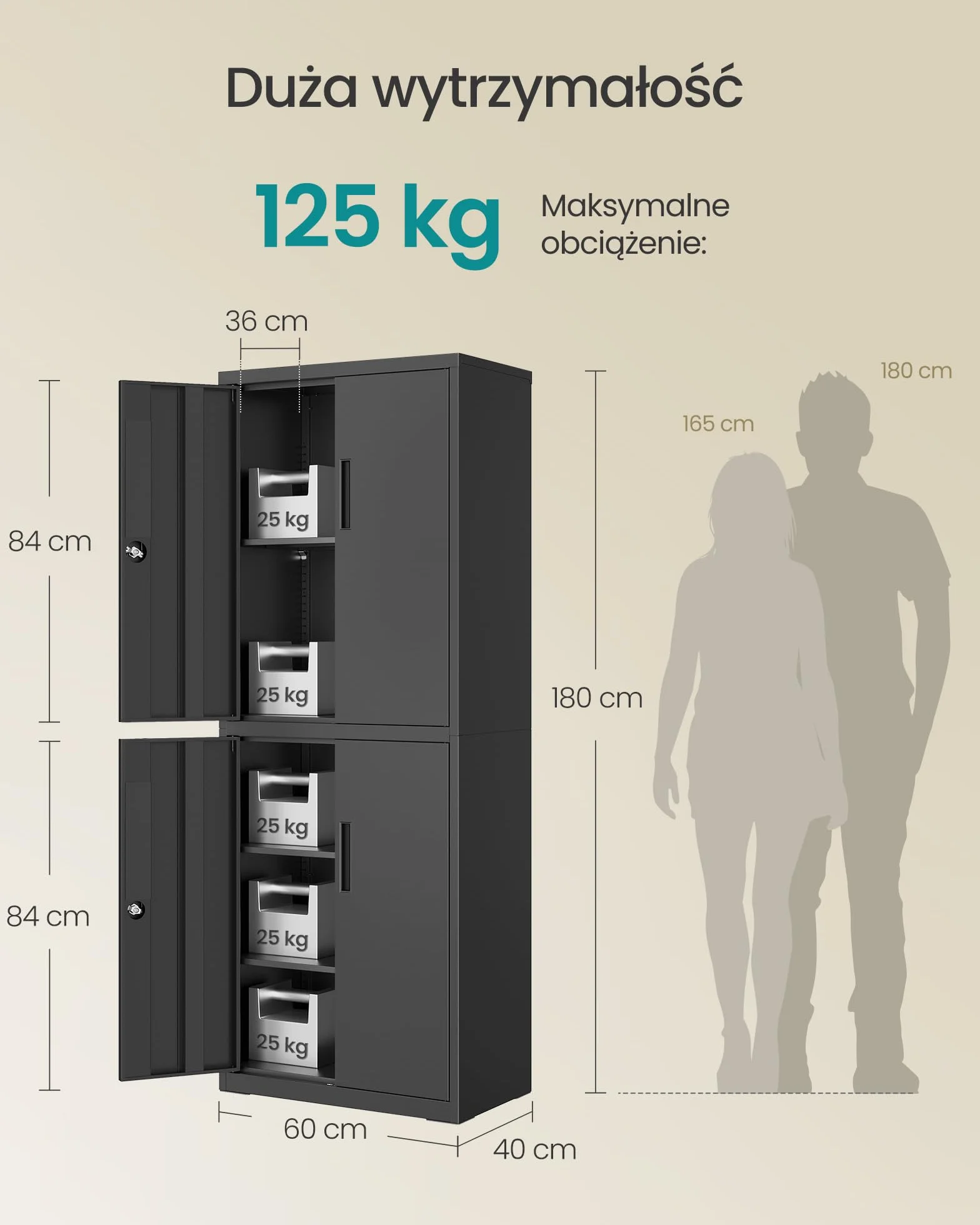 SONGMICS Szafka na dokumenty 4 drzwi 5 półek 40x60x180 cm stalowa matowa czerń