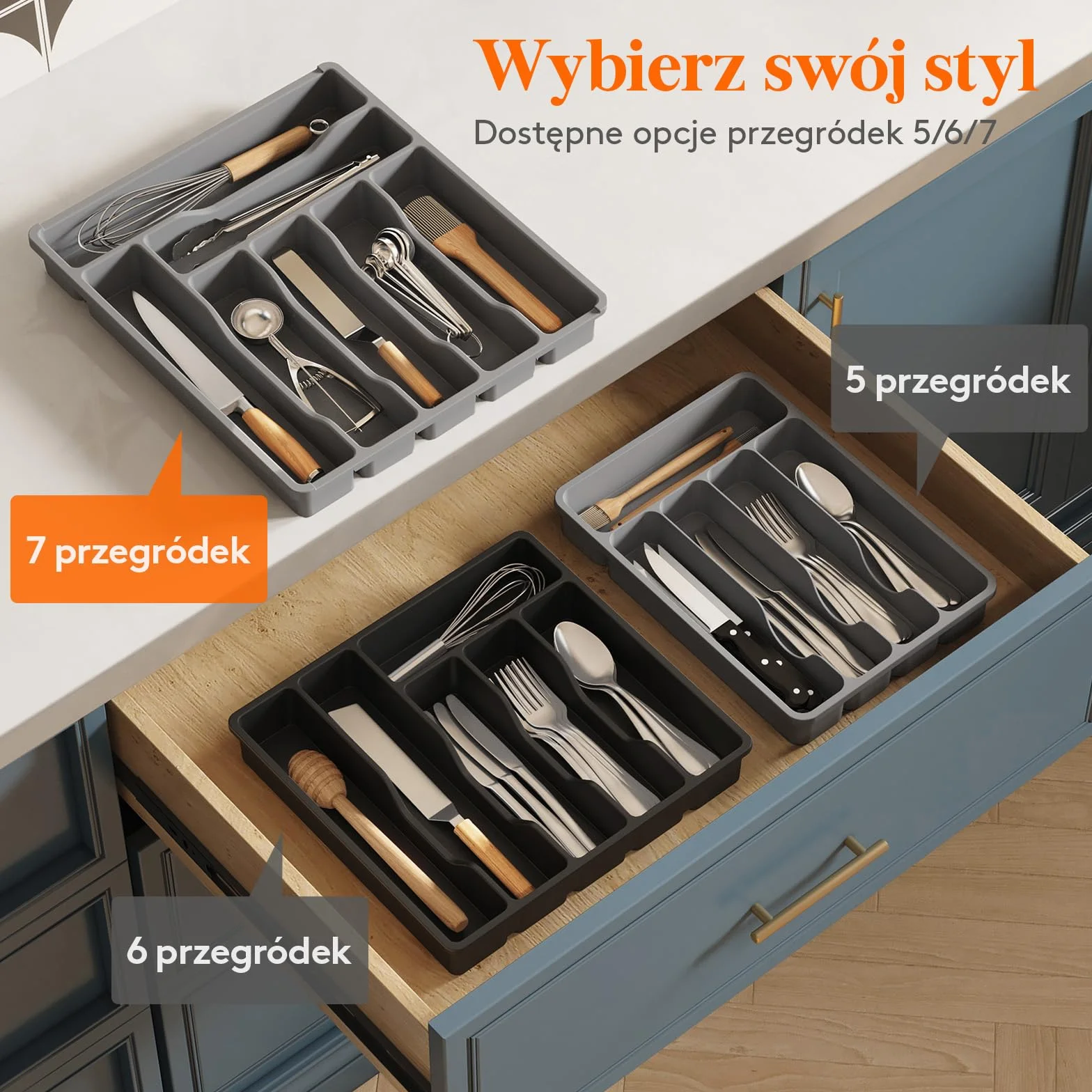 Organizer do szuflady na sztućce Lifewit, Plastikowa taca na sztućce do szuflady kuchennej, Uchwyt, Przegródka na Łyżki, Widelce, Noże, Zastawa stołowa, 7 przegródek, Szary