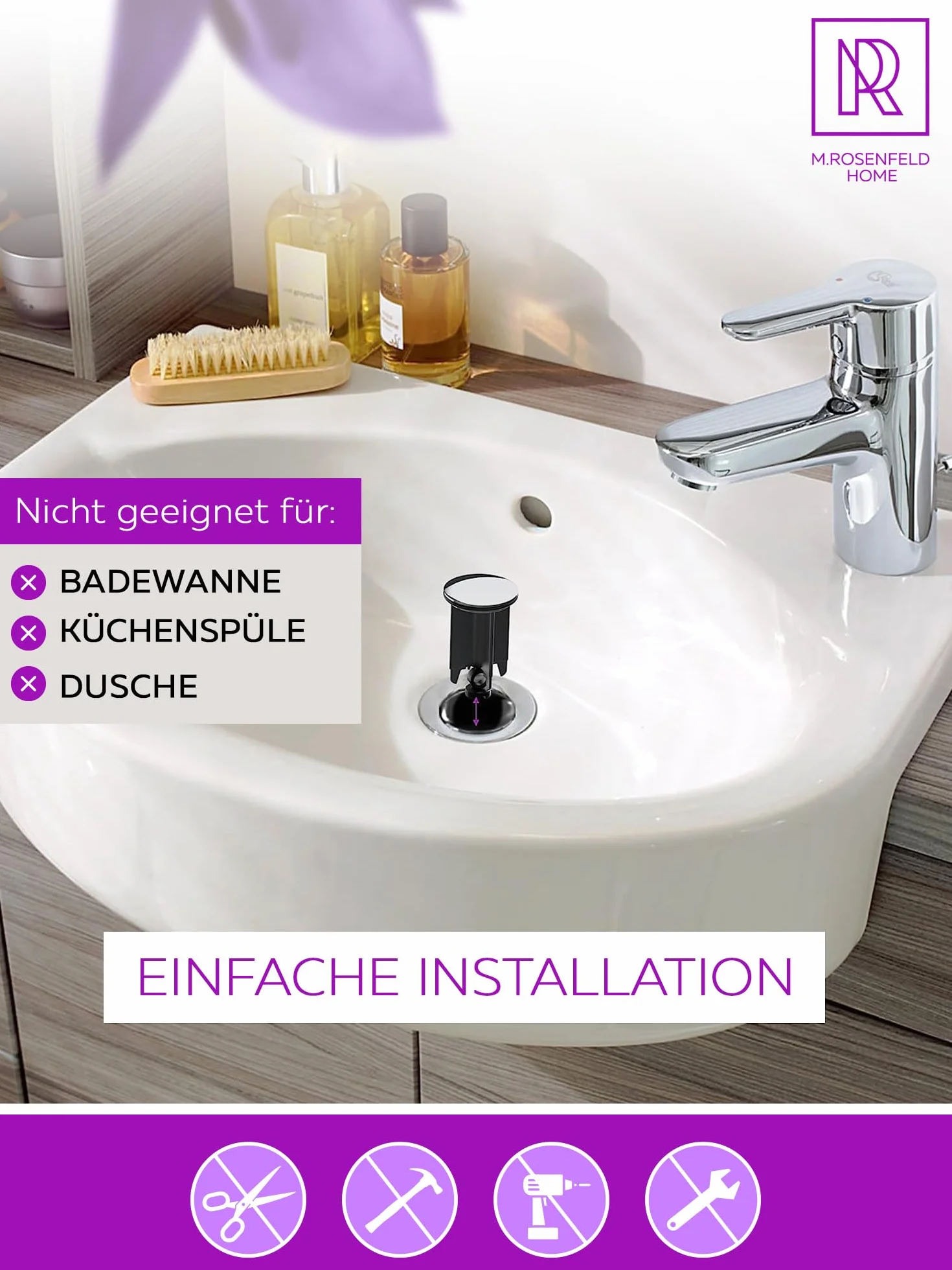 M. ROSENFELD HOME Korek do umywalki z motywem 40 mm – korek do zlewu z mosiądzu, korek mimośrodowy z regulacją wysokości, nierdzewny i szczelny – korek do umywalki i korka odpływowego