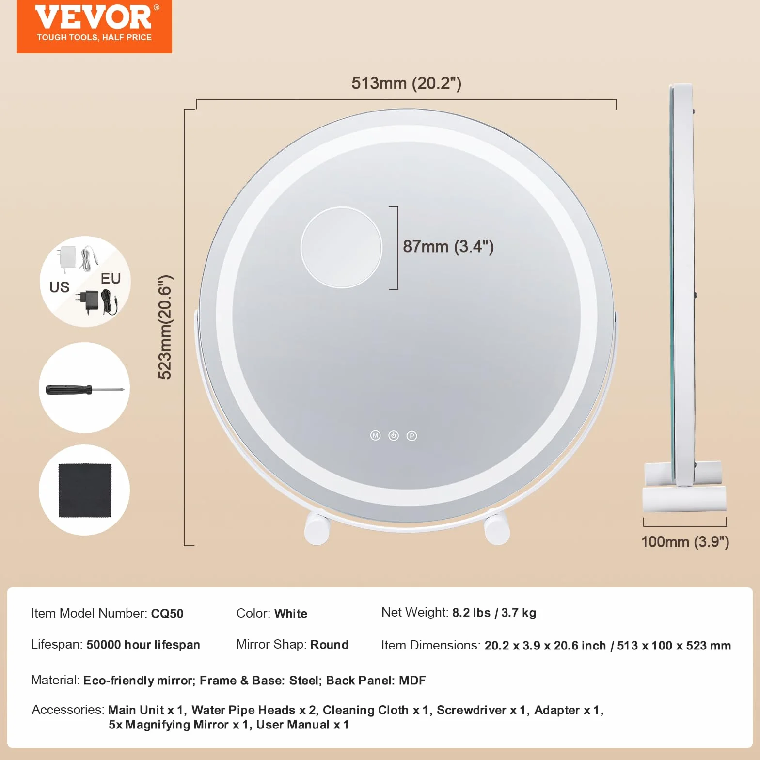 VEVOR Okrągłe podświetlane lustro LED z 3 trybami oświetlenia, 5-krotne powiększenie, sterowanie dotykowe, obrót 360°, 513x100x523 mm