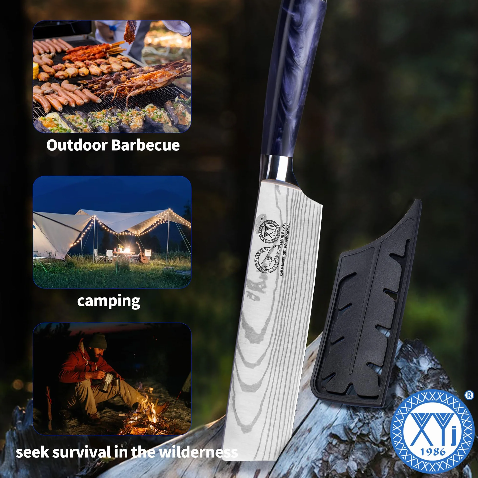 XYJ Authentic Since 1986,7 Inch Japanese Nakiri Knife,Stainless Steel Kitchen Cutlery,Meat Cleaver,Laser Damacus Pattern,Slicing Chef Knife With Sleeve,Resin Handle