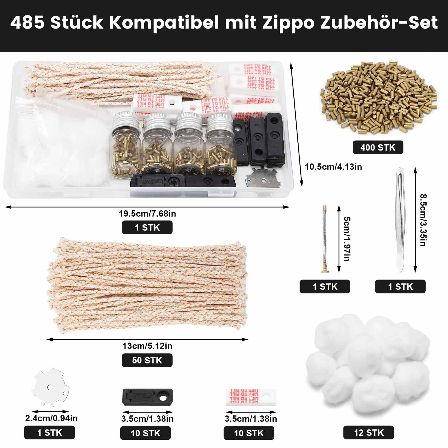 485 sztuk uniwersalnych zapalniczek, zestaw akcesoriów do benzyny, 400 krzesiw, 50 knotów, 12 watów, 10 uszczelek itp., zestaw części zamiennych do zapalniczki benzynowej