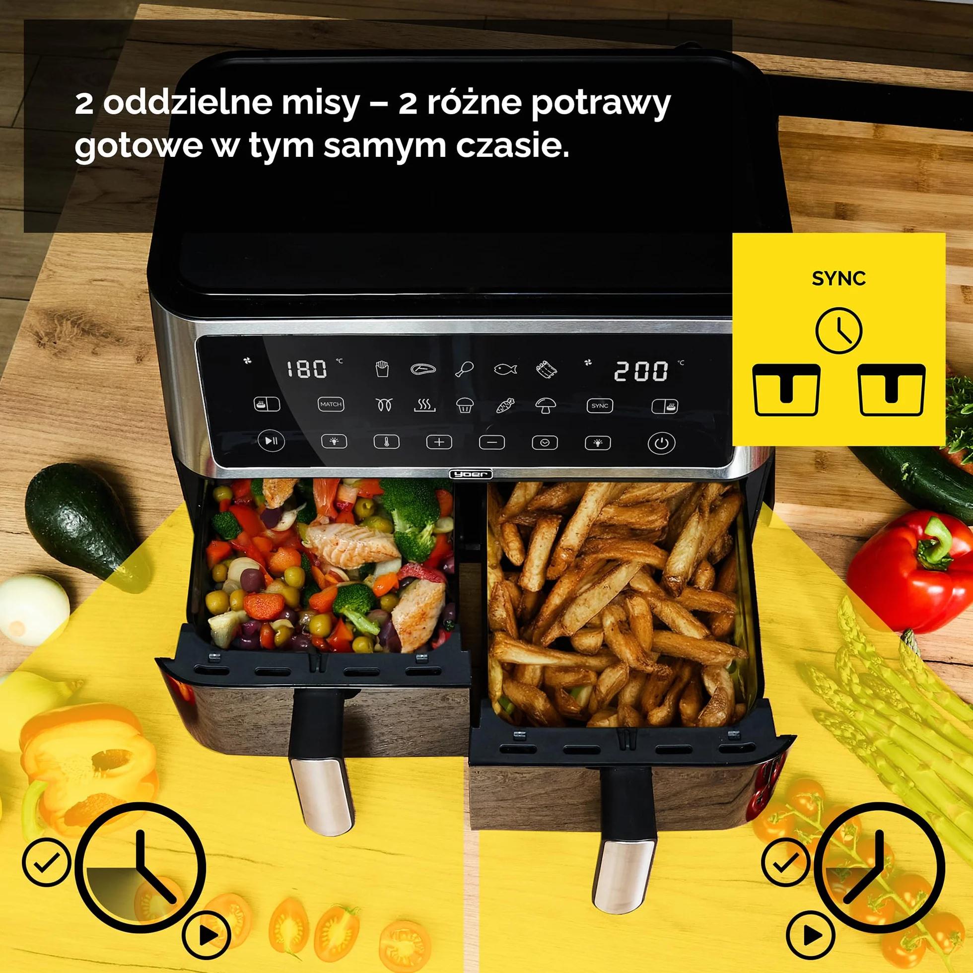 Yoer Frytkownica beztłuszczowa 10L, Airfryer, 6w1, 2850W, 2 niezależne komory, Nieprzywierająca powłoka, 10 automatycznych programów, Możliwość mycia misy w zmywarce, DualCrisp AF02BK, czarna