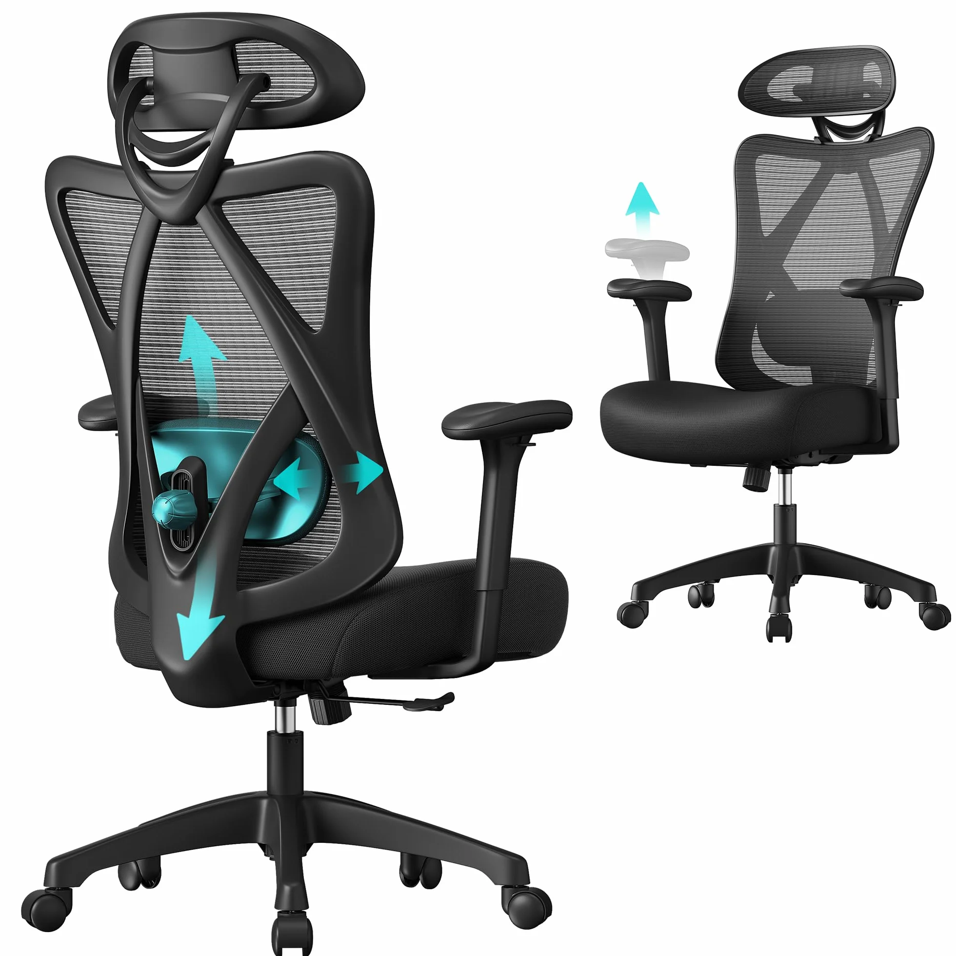 SONGMICS Ergonomiczne krzesło biurowe siatkowe, regulowana poduszka lędźwiowa, nośność 150 kg, czarny