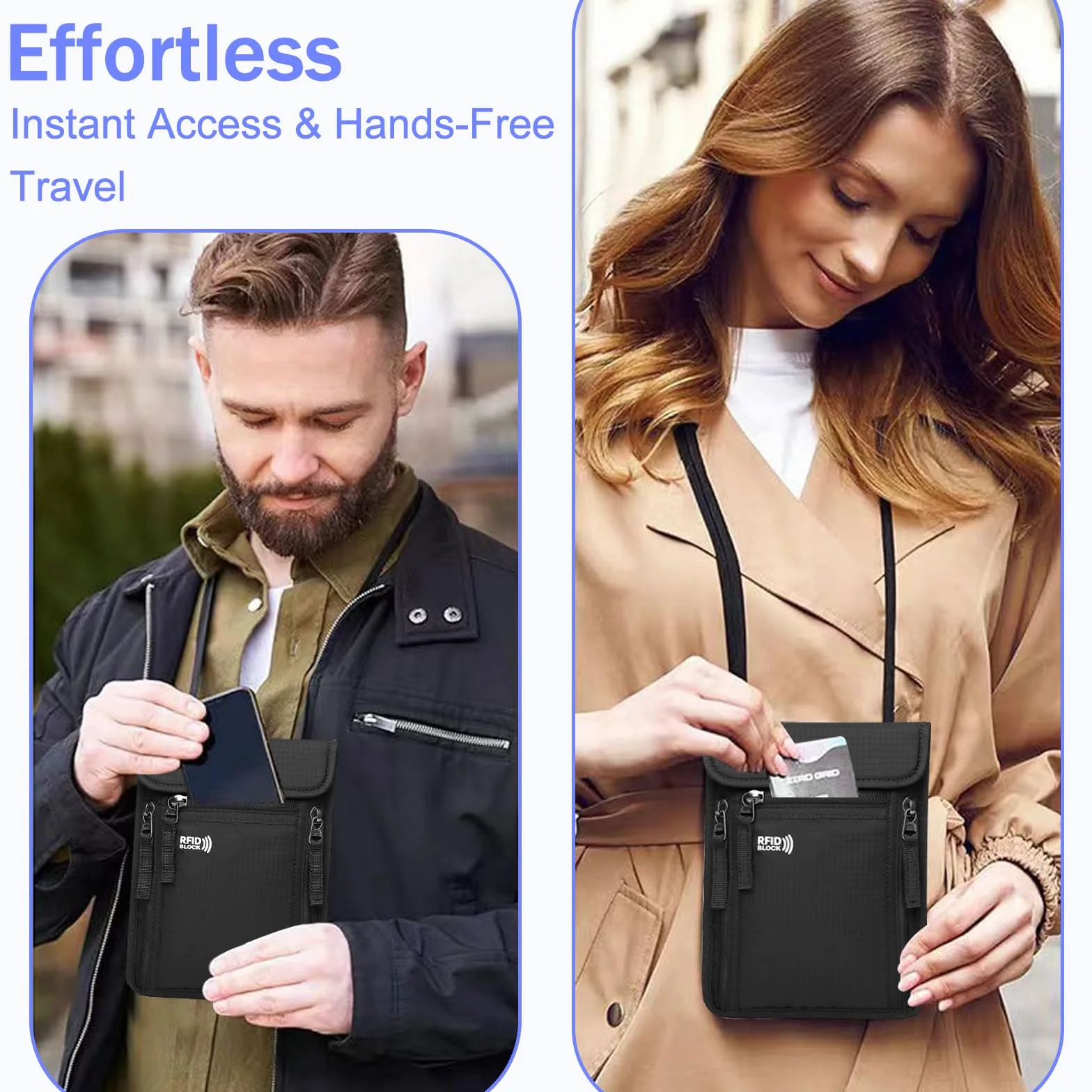 Portfel podróżny, uchwyt na paszport, bezpieczny portfel na szyję, torba na paszport z 2 rękawami blokującymi RFID, etui na szyję z blokadą RFID, paszport i uchwyt na dokumenty z regulowanym