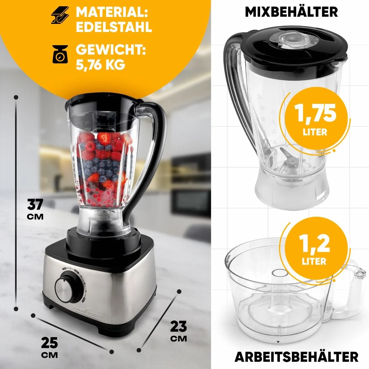 ProfiCook PC-KM 1063 Kompaktowy robot kuchenny z obudową ze stali nierdzewnej, 1,2 l, otworem do napełniania, 1200 W