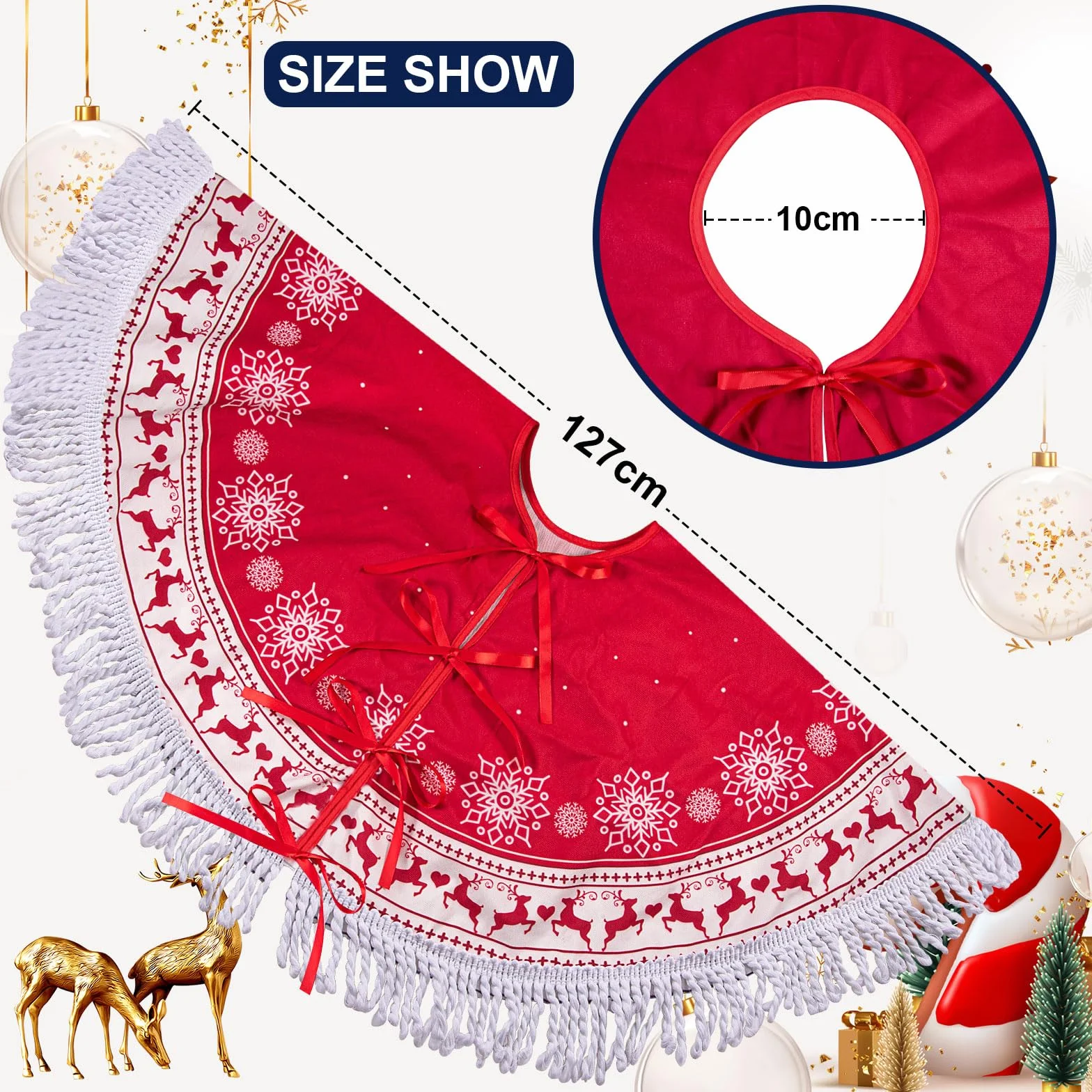Spódnica Choinkowa Czerwona 127cm z Chwostem Płatka Śniegu Renifer