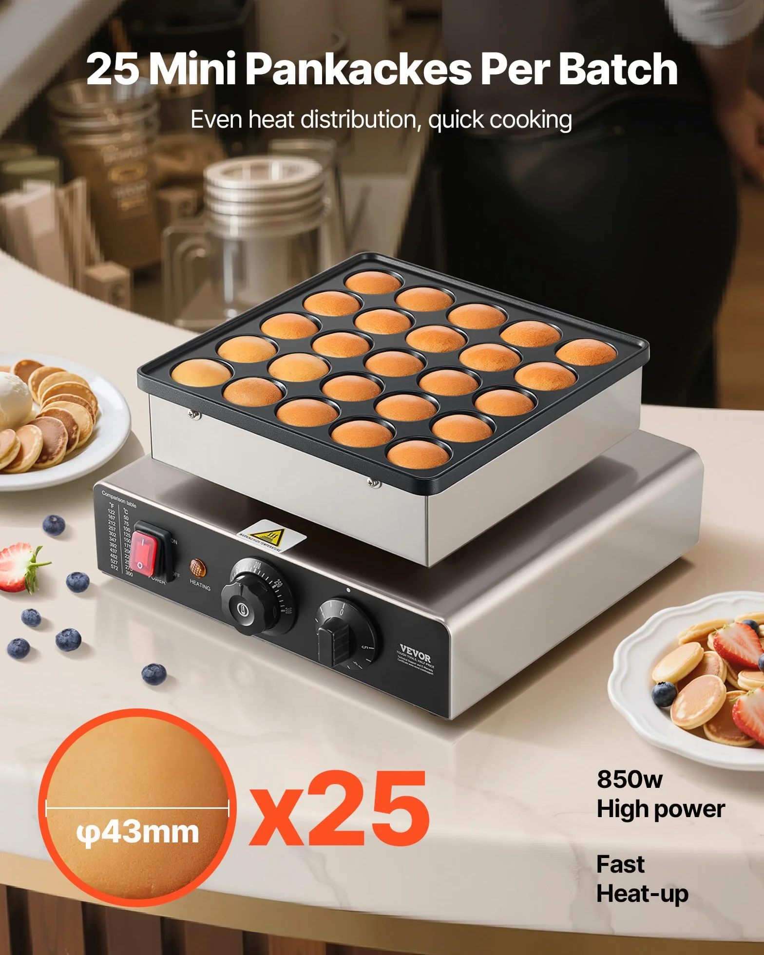 VEVOR Mini maszynka do naleśników, gofrownica Poffertjes 43 mm, stal nierdzewna, elektryczna