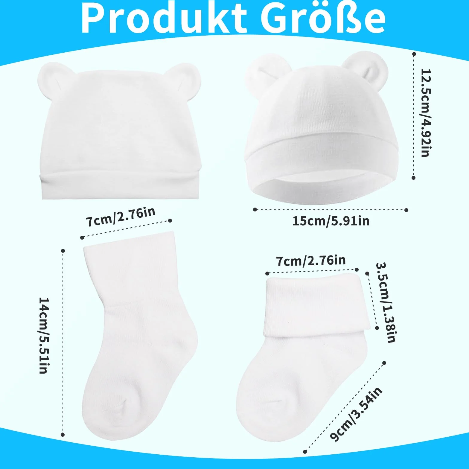 VOSSOT 8 par skarpetek do sneakersów dla niemowląt, z czapką niemowlęcą, skarpety dla noworodków, skarpety do kostki, uniseks, białe skarpety niemowlęce, skarpetki dla niemowląt 0-6 miesięcy, zestaw
