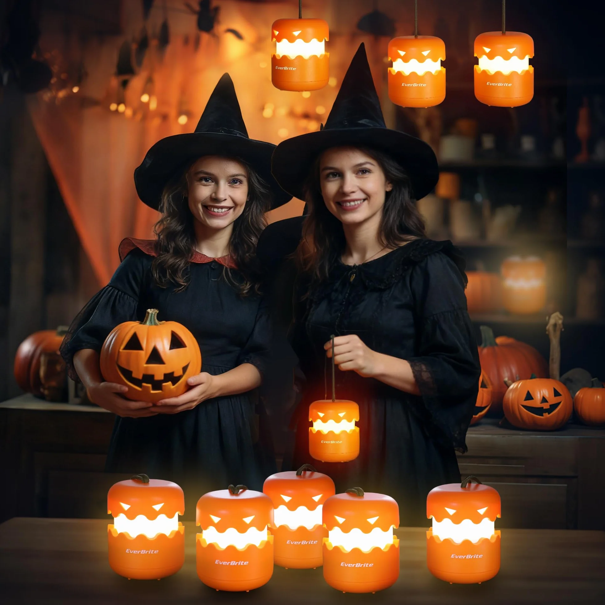 EverBrite Halloween Pumpkin Lantern 3 Pack, Collapsible Jack O Lantern with Lanyard, Battery Included for Party Decoration