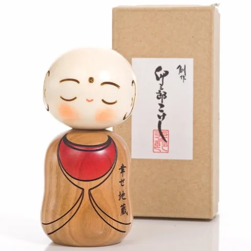 Japońska drewniana lalka Kokeshi Szczęśliwy Budda