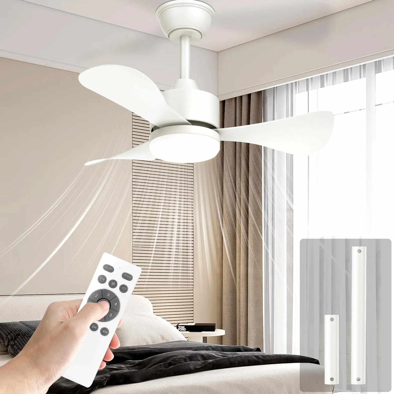 Airwit Wentylator sufitowy 71 cm LED z pilotem, cichy 3-łopatkowy silnik DC 6 prędkości
