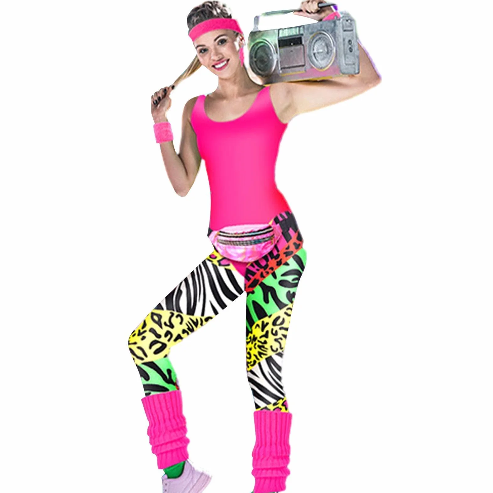Générique Kostium treningowy w stylu lat 80. dla kobiet, kostiumy dla dorosłych w stylu lat 80. XX wieku, na imprezę dla kobiet, legginsy do biegania, legginsy, kolczyki, torba ba