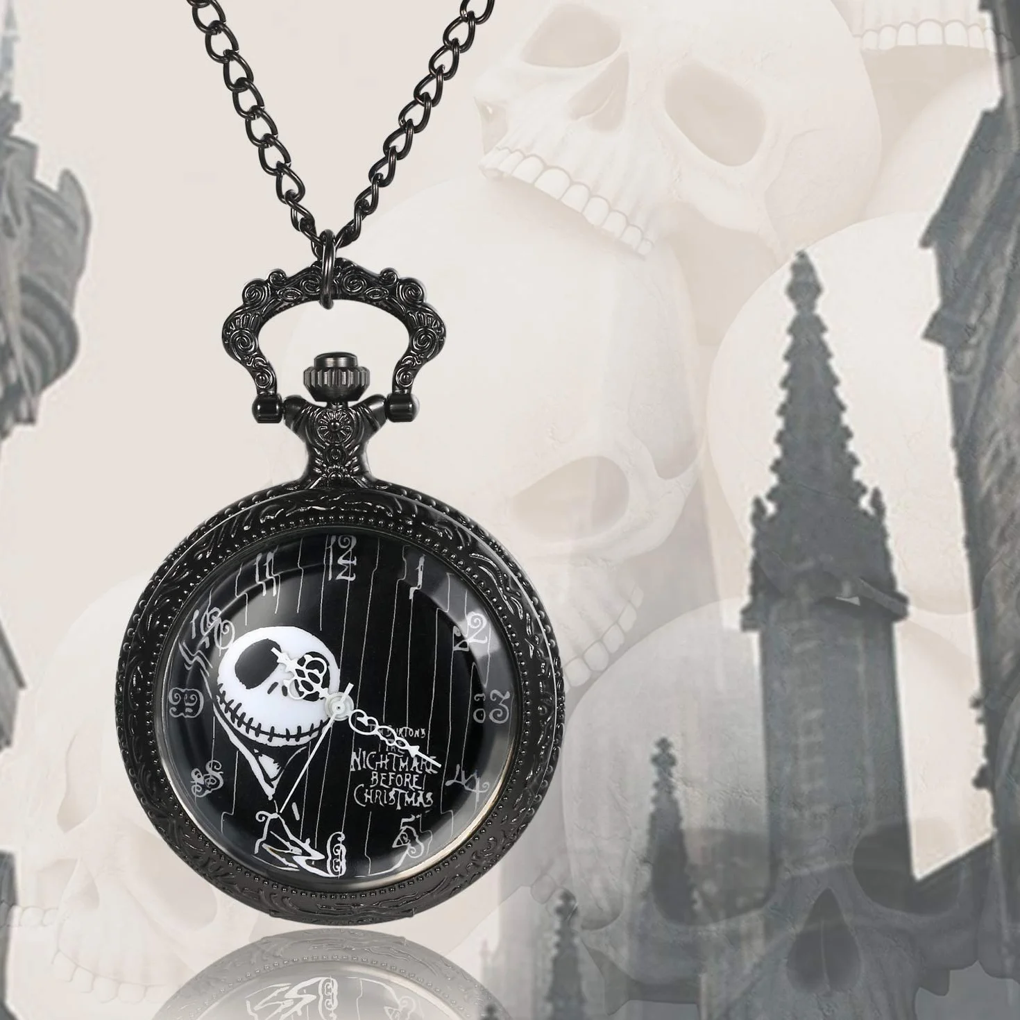 JewelryWe Nightmare Before Christmas zegarek kieszonkowy męski damski antyczny zegarek kieszonkowy z łańcuszkiem czarny naszyjnik zegarek na Boże Narodzenie