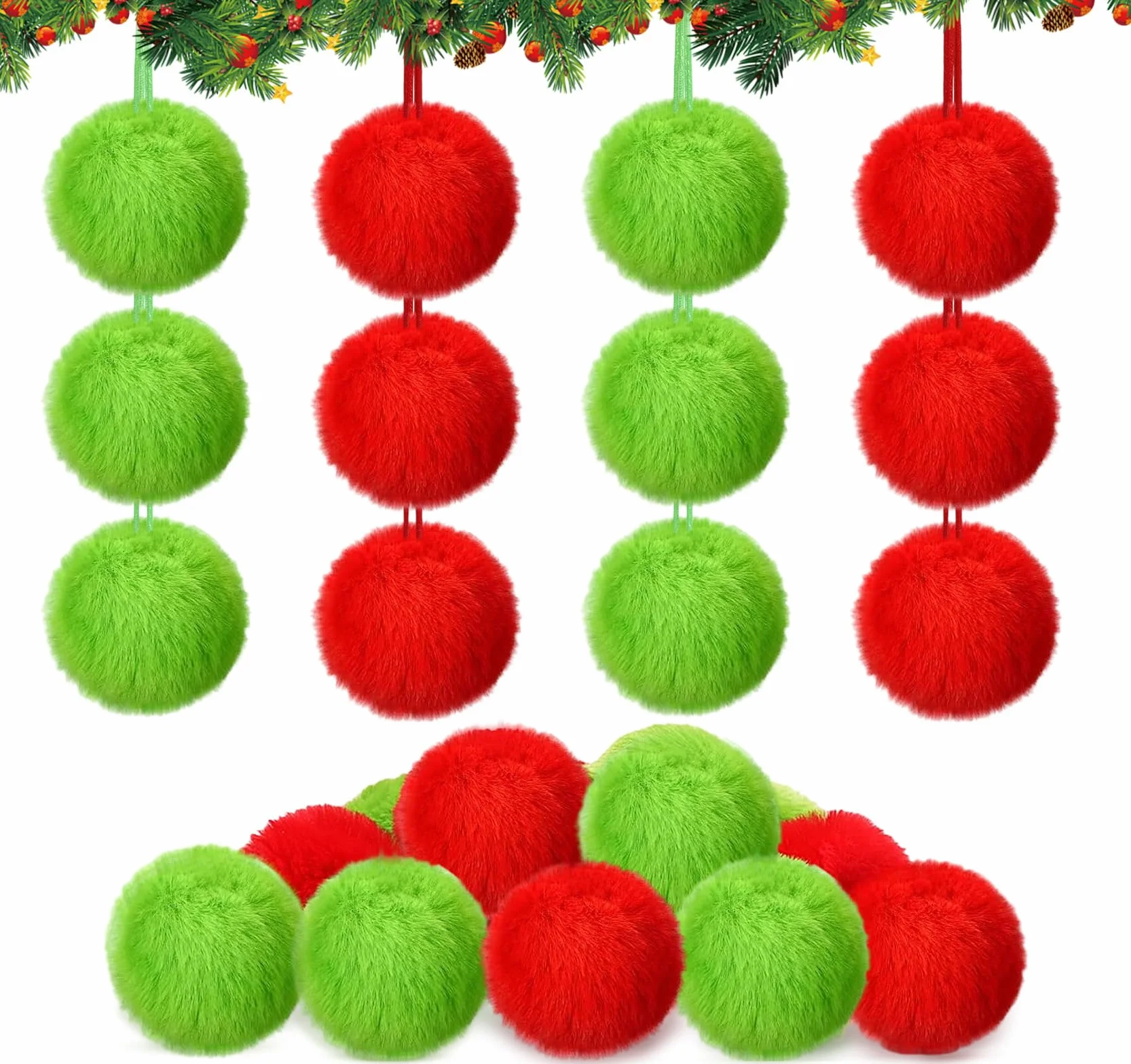 Bombki bożonarodzeniowe ze sztucznego futra, 12 sztuk, czerwone i zielone, puszyste bombki pomponowe (6 cm) jako ozdoba bożonarodzeniowa, ozdoba choinkowa, dekoracja do domu, akcesoria imprezowe