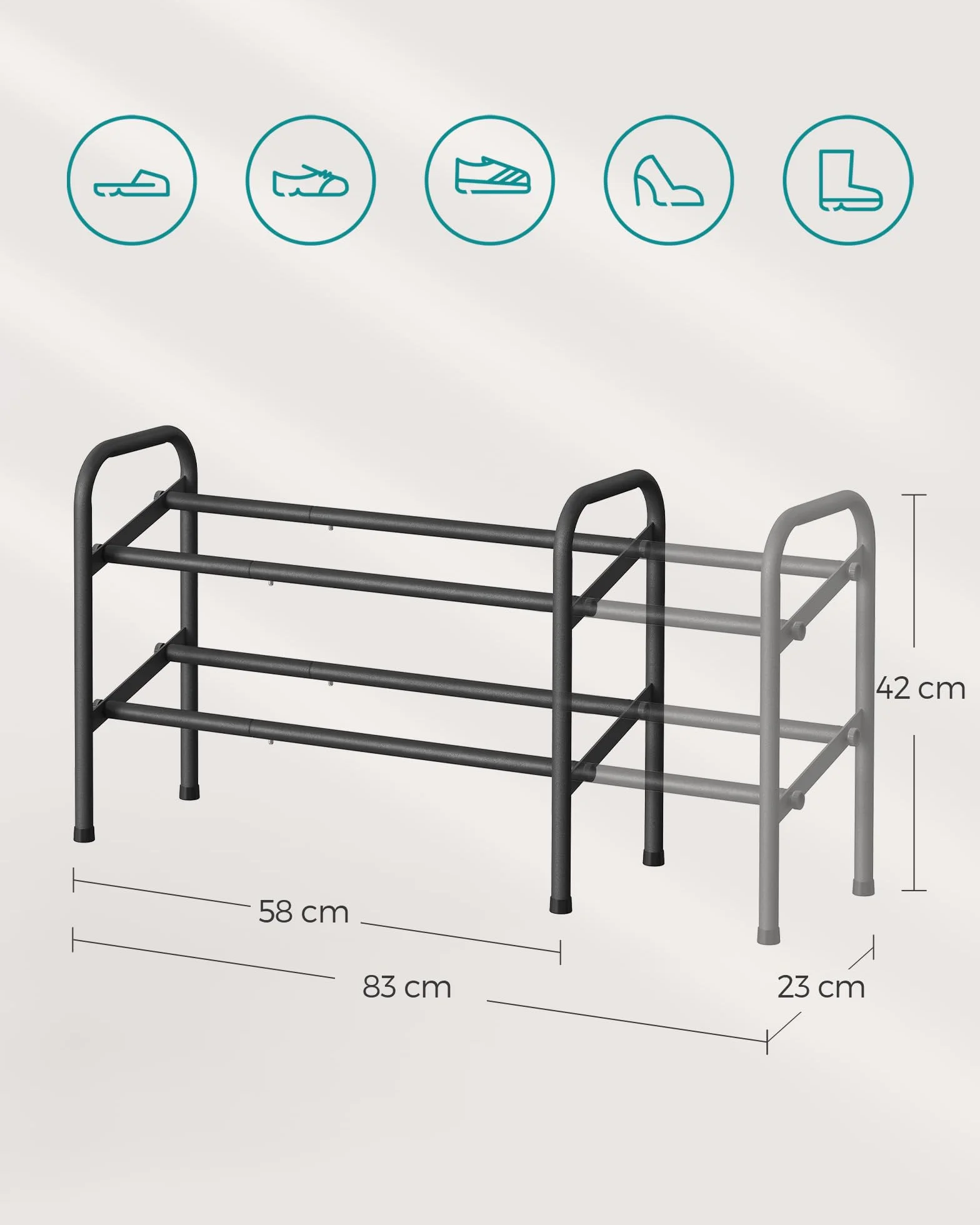SONGMICS LMR029B01 Rozkładany stojak na buty 2-poziomowy metalowy czarny