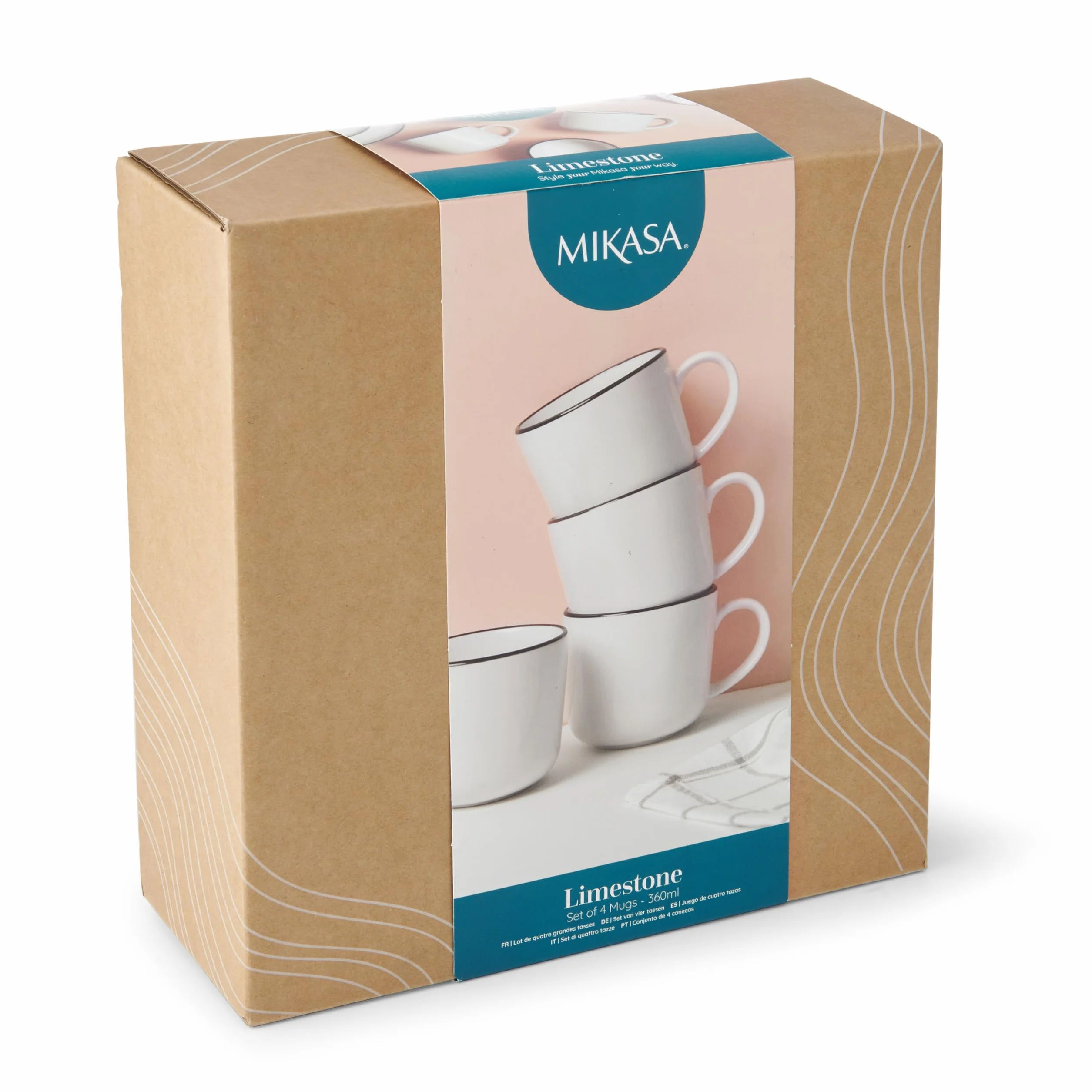 Mikasa Limestone Zestaw porcelanowych kubków 4x 360 ml czarna obwódka do kawy i herbaty