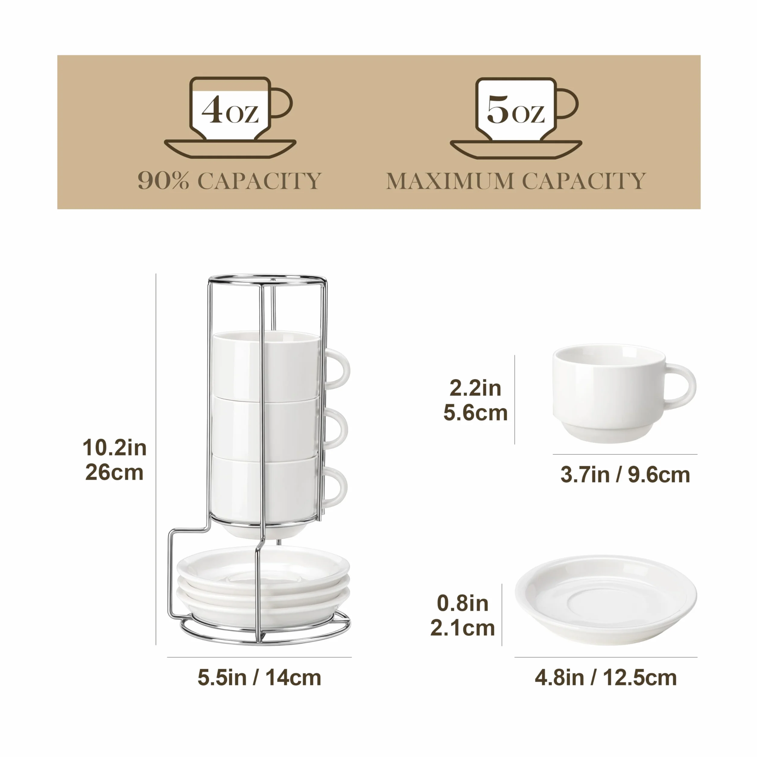 MALACASA REGULAR 4-częściowy zestaw filiżanek do kawy dla 4 osób, 150 ml, serwis do kawy z spodkiem i metalowym stojakiem, idealny do espresso, cappuccino, latte, moka i herbaty, biały