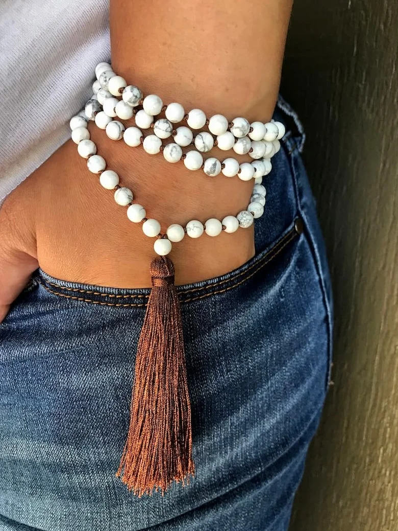 Naturalne koraliki HOWLITE 6 mm 108 mala, duchowe, koraliki do medytacji, Reiki, Japa Mala, buddyjskie koraliki modlitewne, bransoletka do jogi, koraliki lecznicze