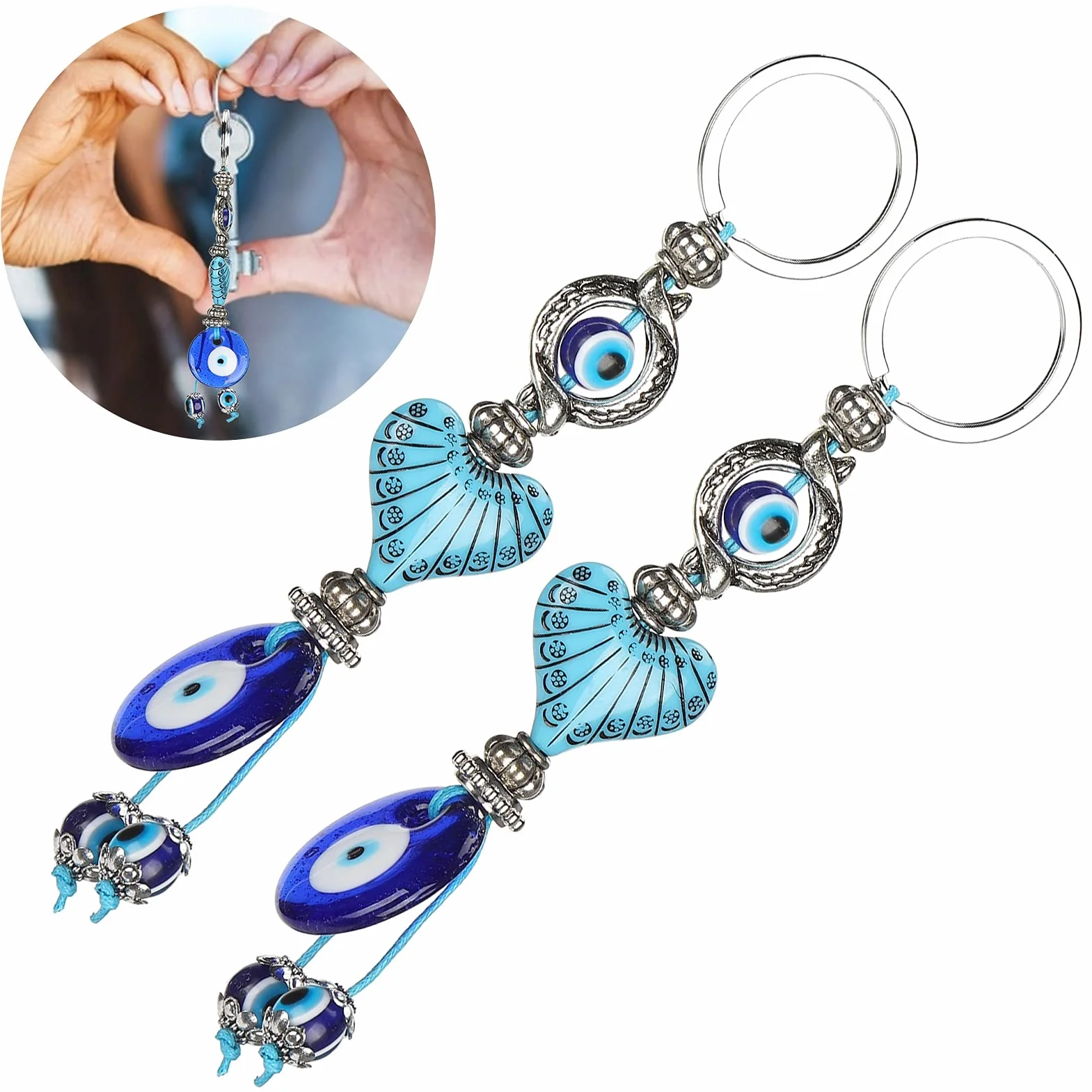 Fydun 2 szt. Evil Eyes brelok do kluczy Lucky Eye kółko na klucze niebieski turkusowy amulet koraliki w kształcie serca zawieszka kółko na klucze biżuteria