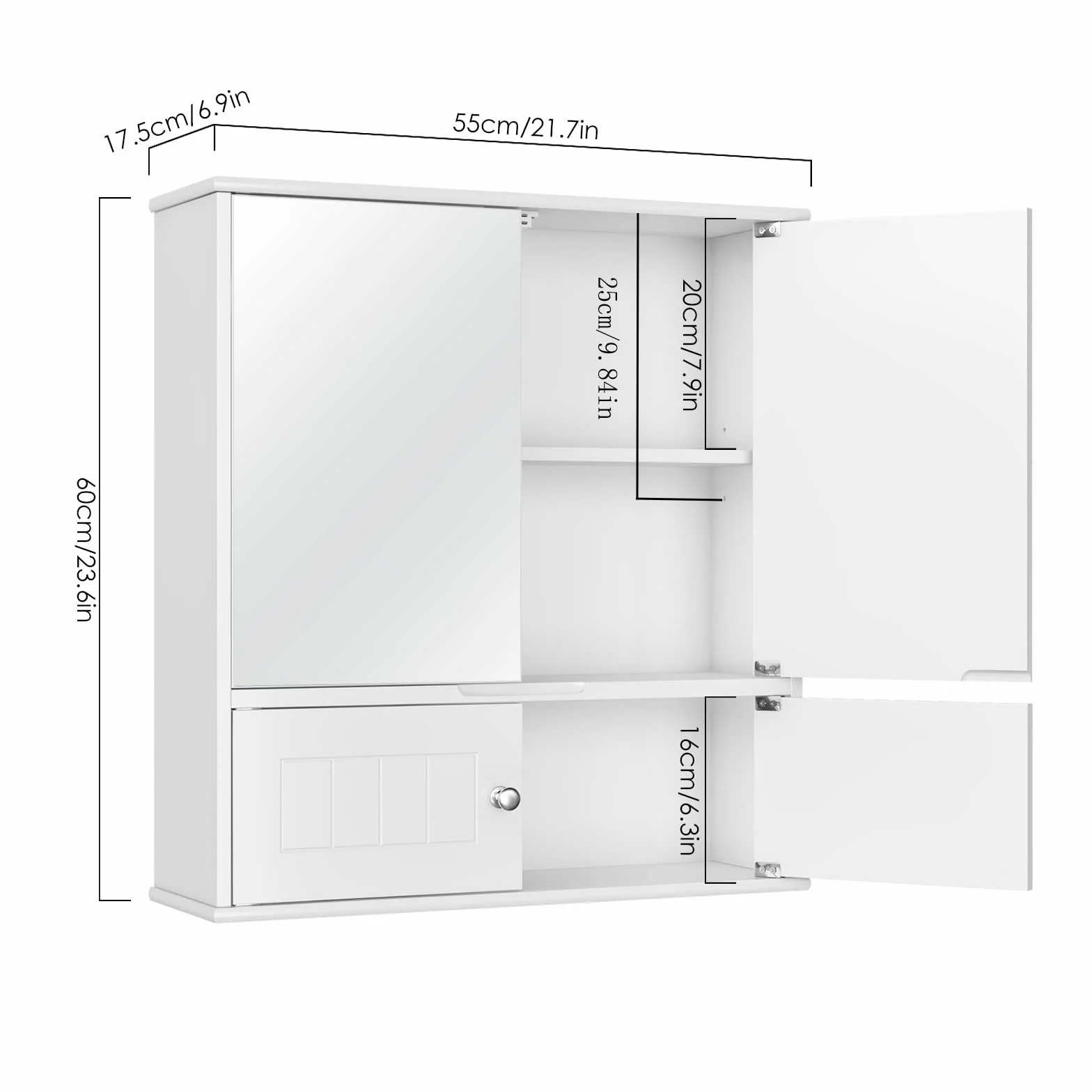HOCSOK Szafka łazienkowa wisząca z lustrem 60 x 17,5 x 55 cm biała