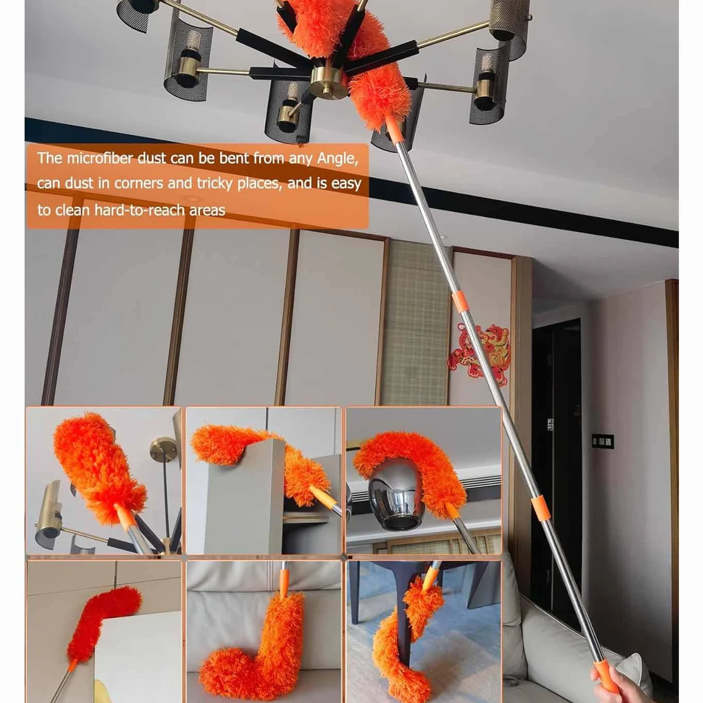 High Reach Duster Kit 1.5-4.9m Extension Cord Extendable Long Handle Spider Web Cleaner Ceiling Fan Brush