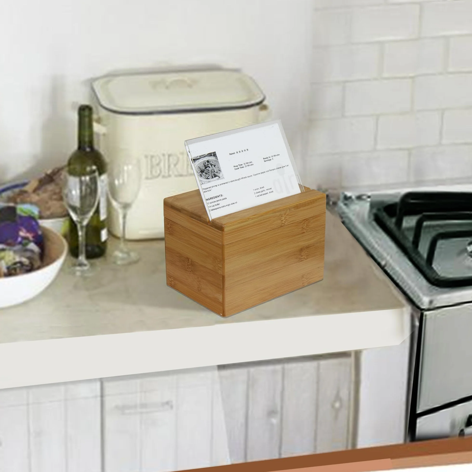 Oceanstar Bamboo Recipe Box with Divider, Natural