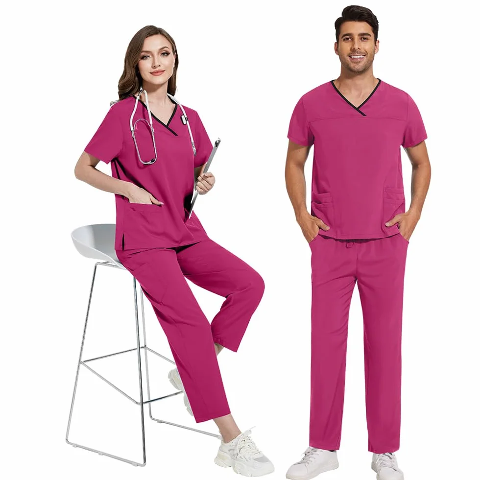 Zestaw peelingowy unisex medyczny mundur zestaw poliester oddychająca szybkoschnąca odzież robocza z 4 kieszeniami top stretch spodnie DK51