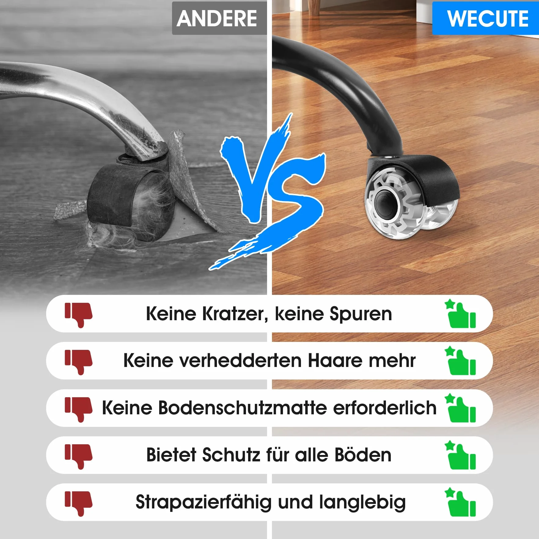 Krzesło biurowe z kółkami 11 x 22 mm, obrót 360°, do drewnianych podłóg i dywanów