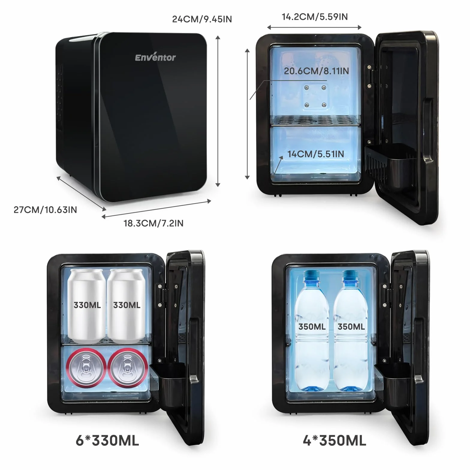 Enventor Mini Lodówka 4 litry, 6 puszek, AC+12V DC, przenośna, czarna