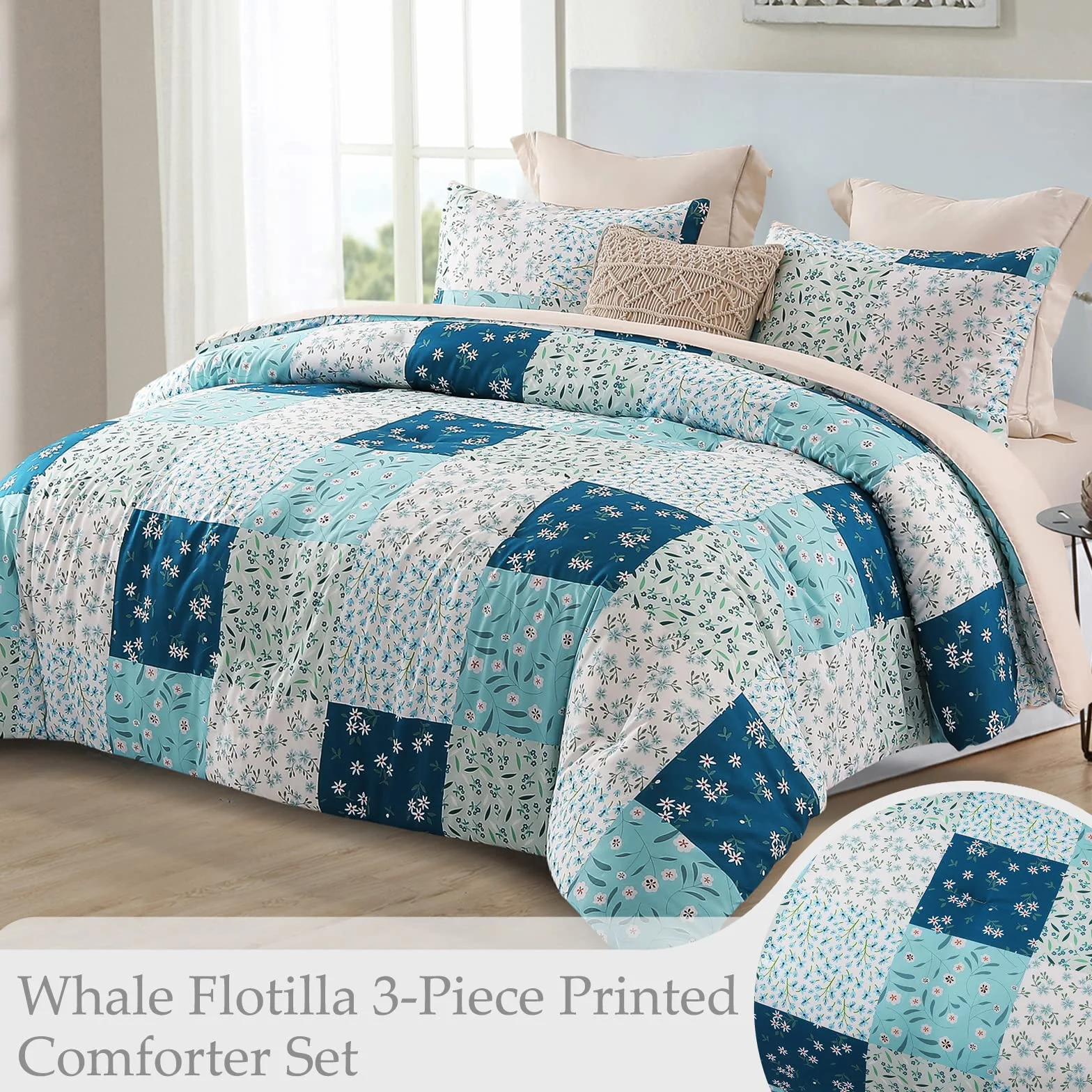 Whale Flotilla Kołdra 220 x 230 cm oddychająca na 4 pory roku z 2 poszewkami granatowa w kratę