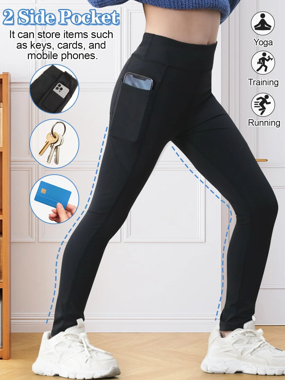 Sportowe legginsy dla dziewcząt, długie, z kieszenią, spodnie do jogi, długie, elastyczne, z wysokim stanem, spodnie sportowe dla dzieci, do gimnastyki, jogi, na co dzień