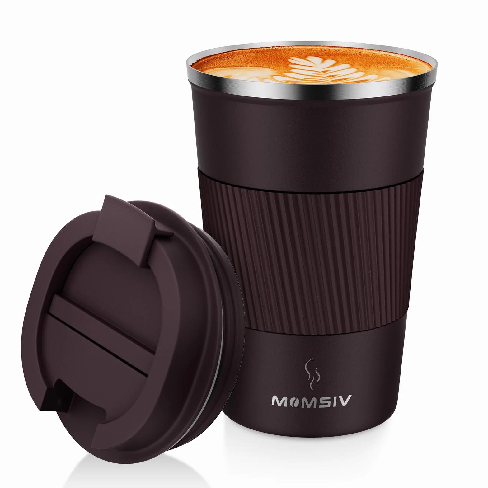 MOMSIV kubek termiczny, 13 uncji/380 ml, antypoślizgowy, ze stali szlachetnej, kubek podróżny, kubek do kawy z podwójną ścianką izolacyjną, próżniowy, szczelny, kubek do kawy na wynos, z pokrywką